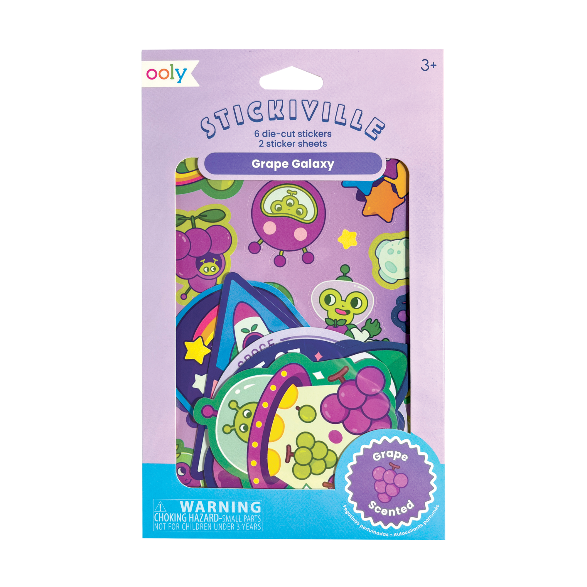 Front of package of OOLY Stickiville Grape Galaxy Scented Stickers