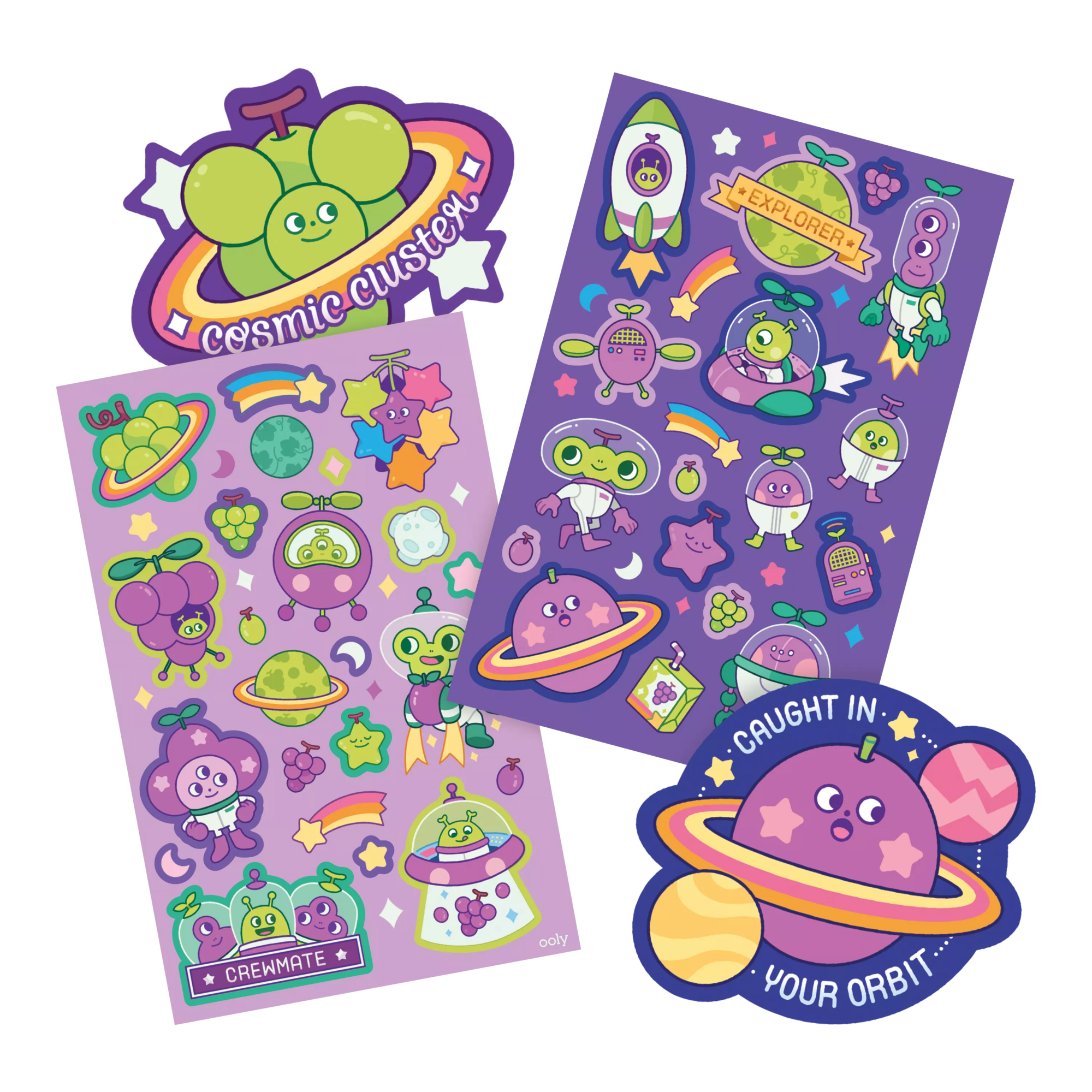 Two die-cut stickers and two sticker sheets from the OOLY Stickiville Grape Galaxy Scented Stickers