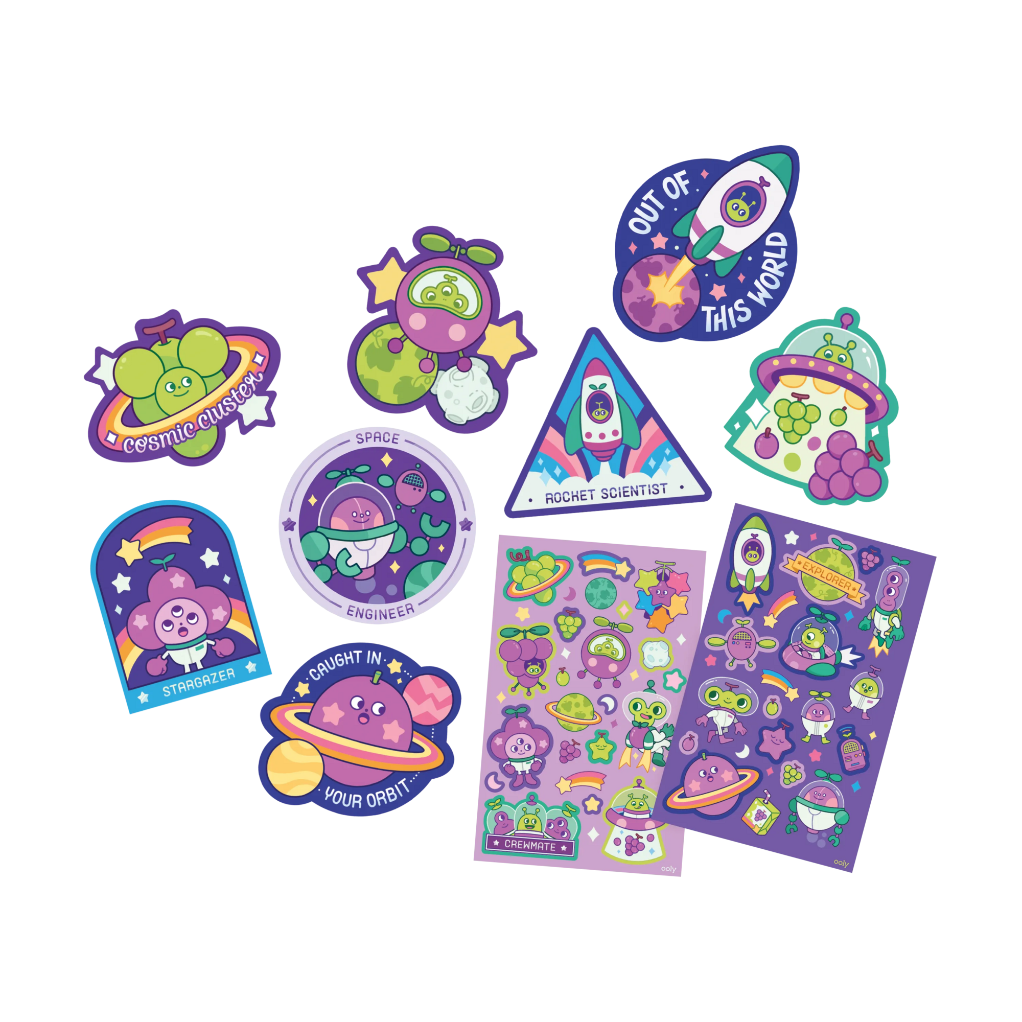Group of stickers and sticker sheets from the OOLY Stickiville Grape Galaxy Scented Stickers set