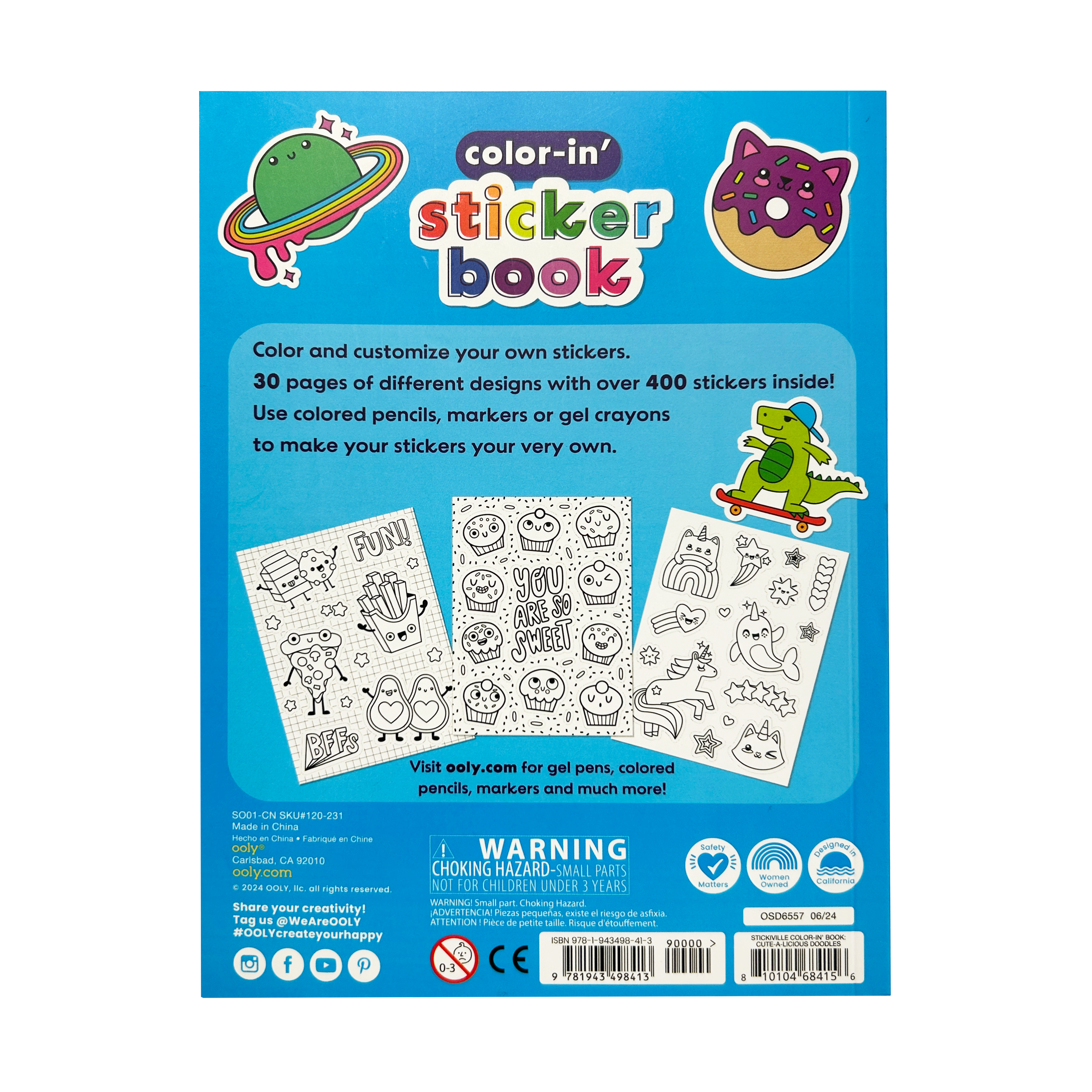 Back cover of Stickiville Color-In’ Sticker Book: Cute-A-Licious Doodles