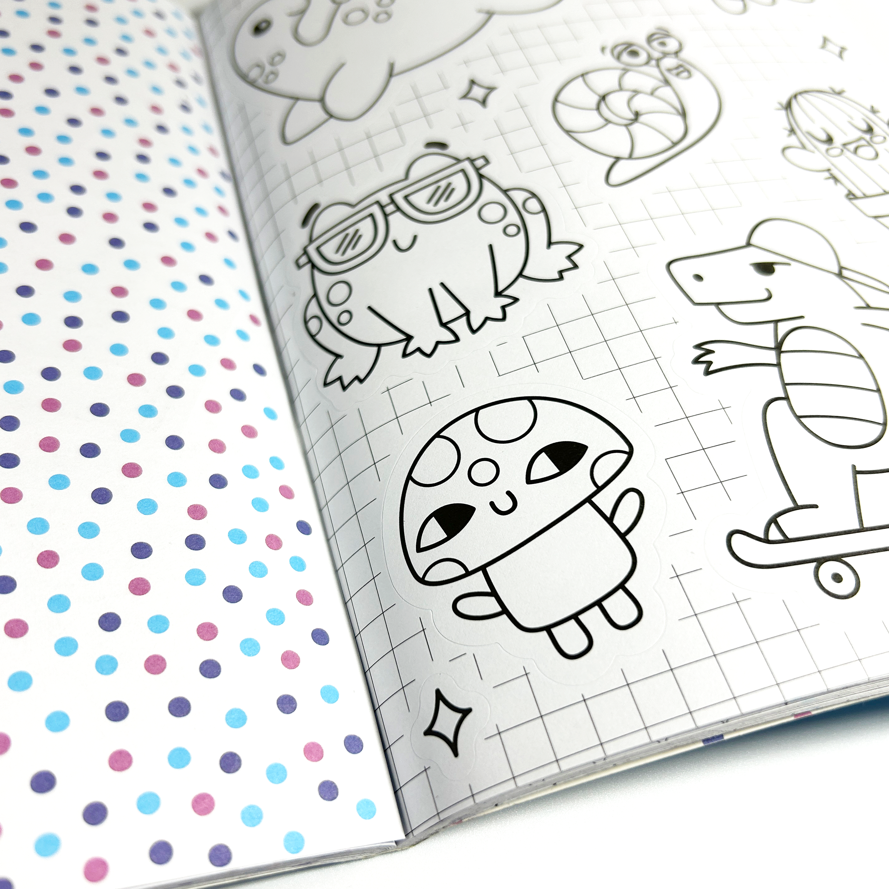 Close up of uncolored mushroom from Stickiville Color-In’ Sticker Book: Cute-A-Licious Doodles