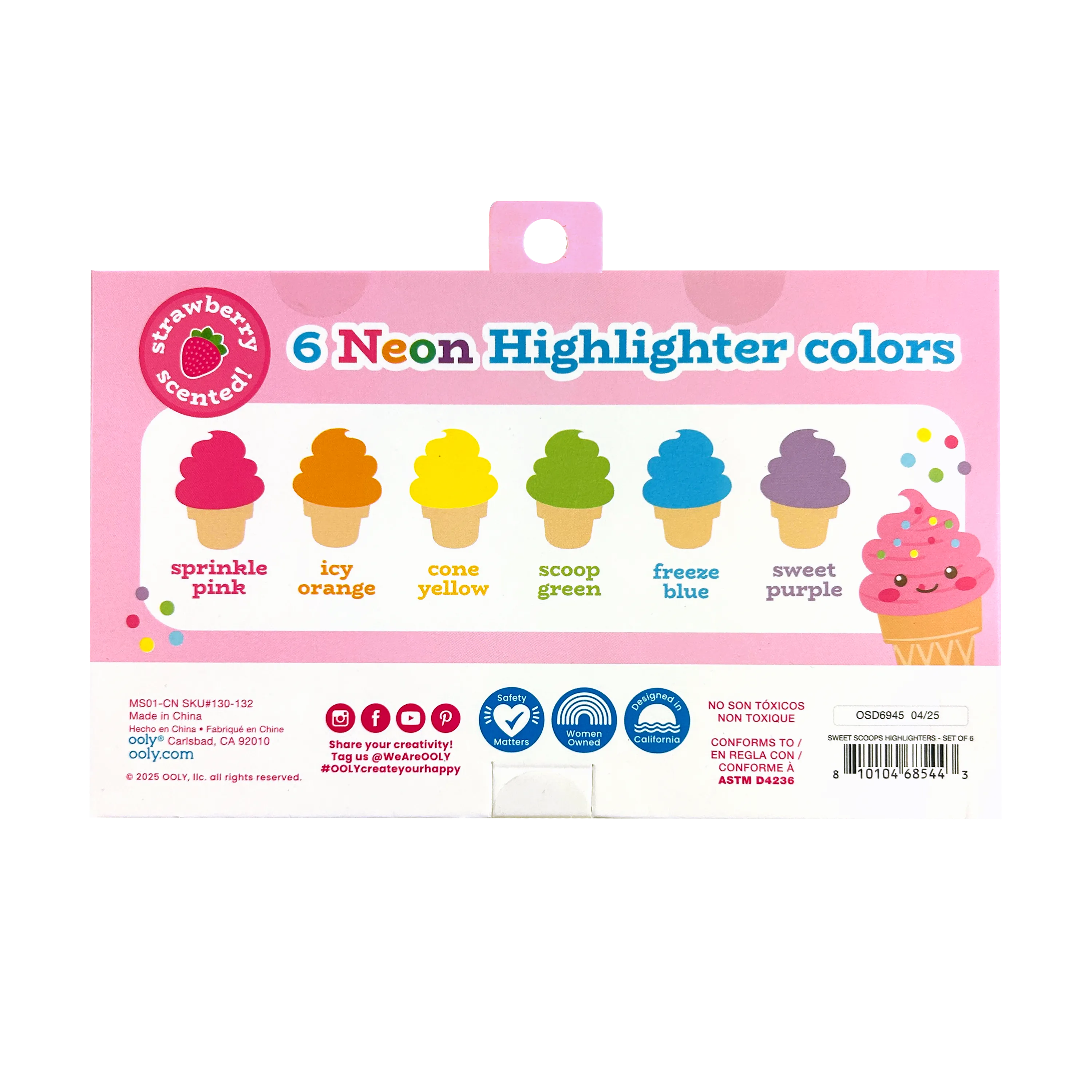 Back of packaging of OOLY Sweet Scoops Scented Neon Highlighters on a white background