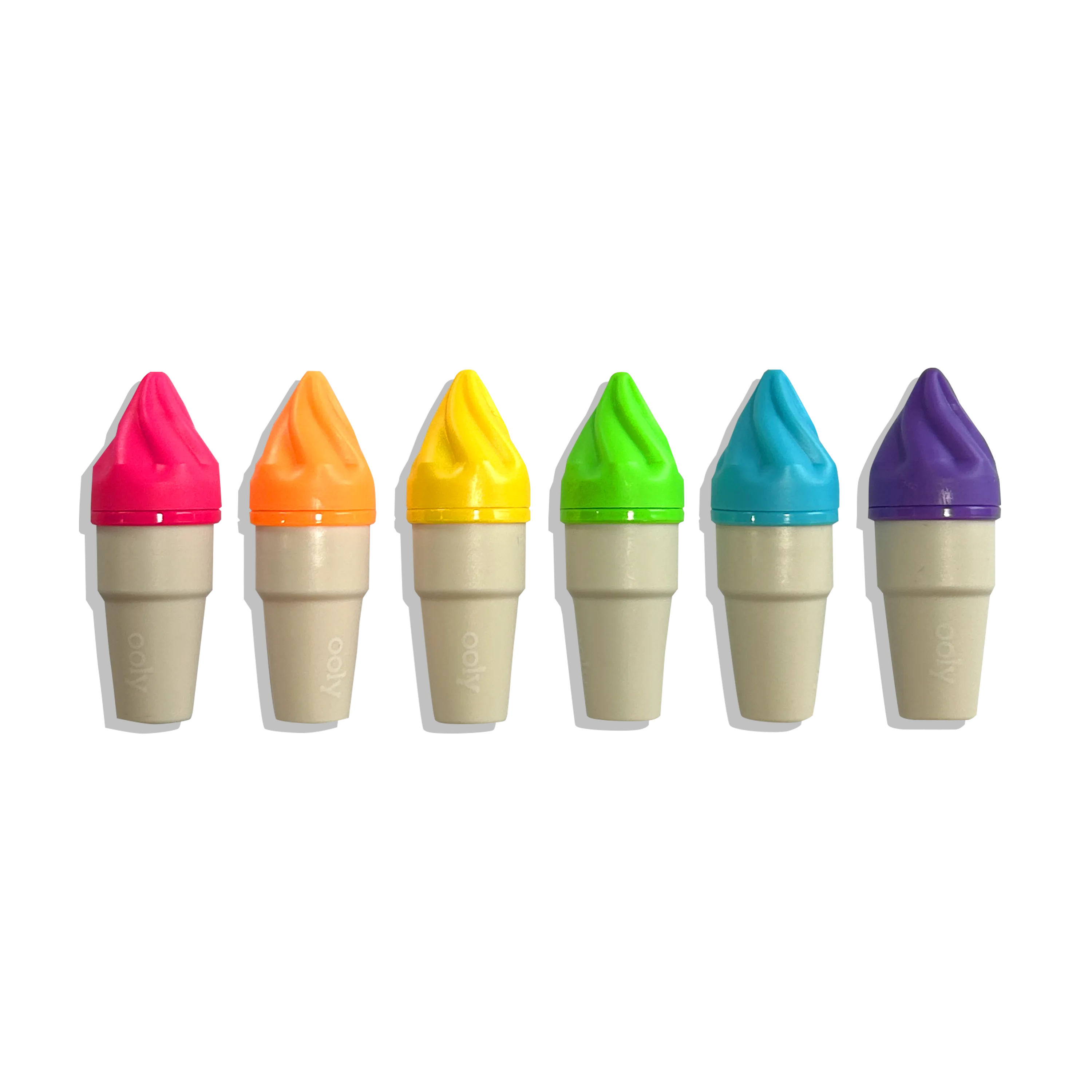 Row of six capped OOLY Sweet Scoops Scented Neon Highlighters on a white background