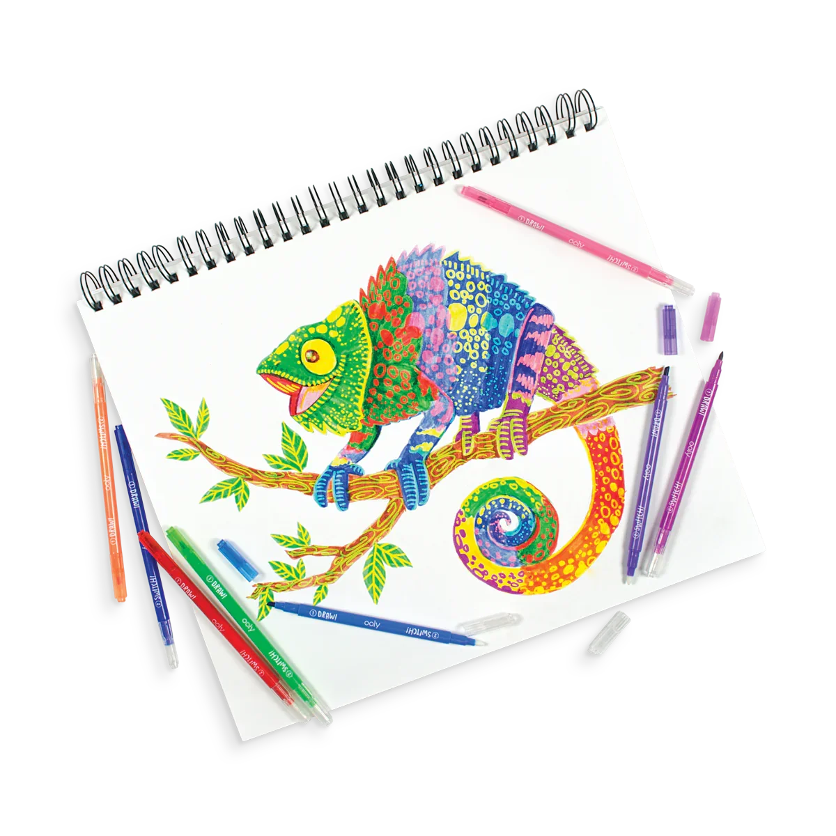 Drawing of a colorful chameleon in a sketchbook with Switch-Eroo Color Changing Markers around it