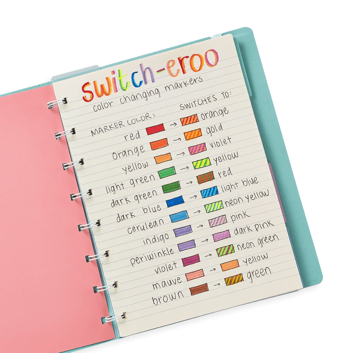 Pink and blue planner made with OOLY Switch-Eroo color changing markers with colored swatches