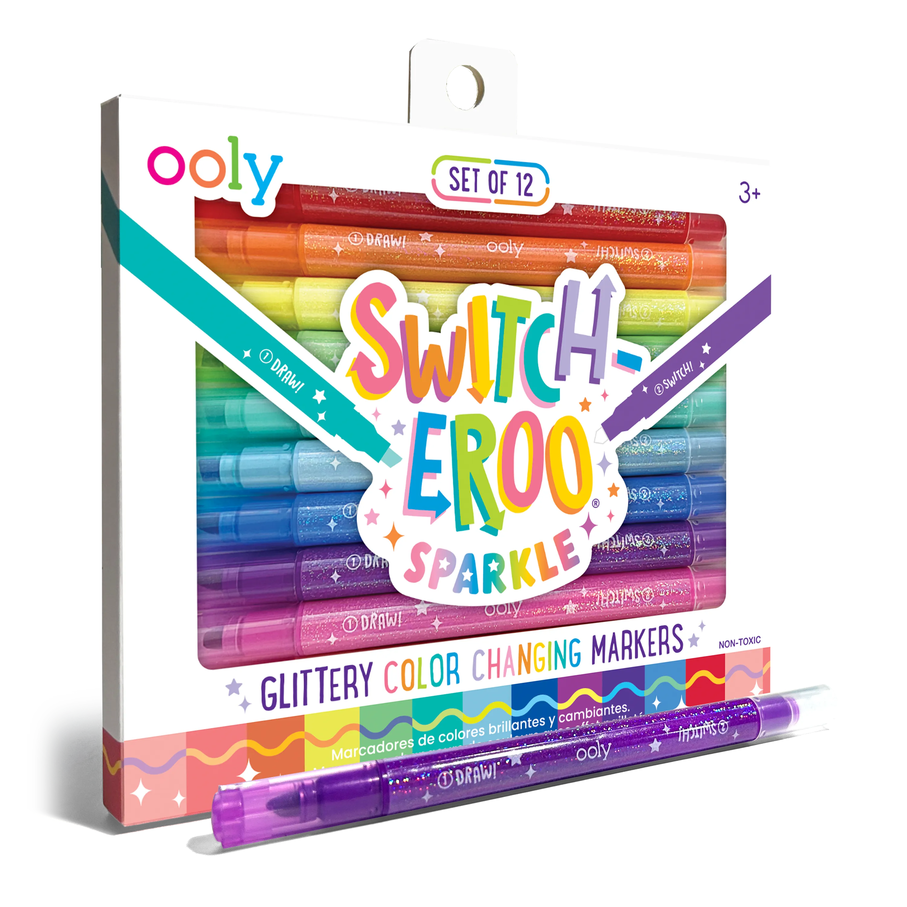 Quarter angle of packaging and purple pen from OOLY Switch-Eroo Sparkle Glittery Color Changing Markers