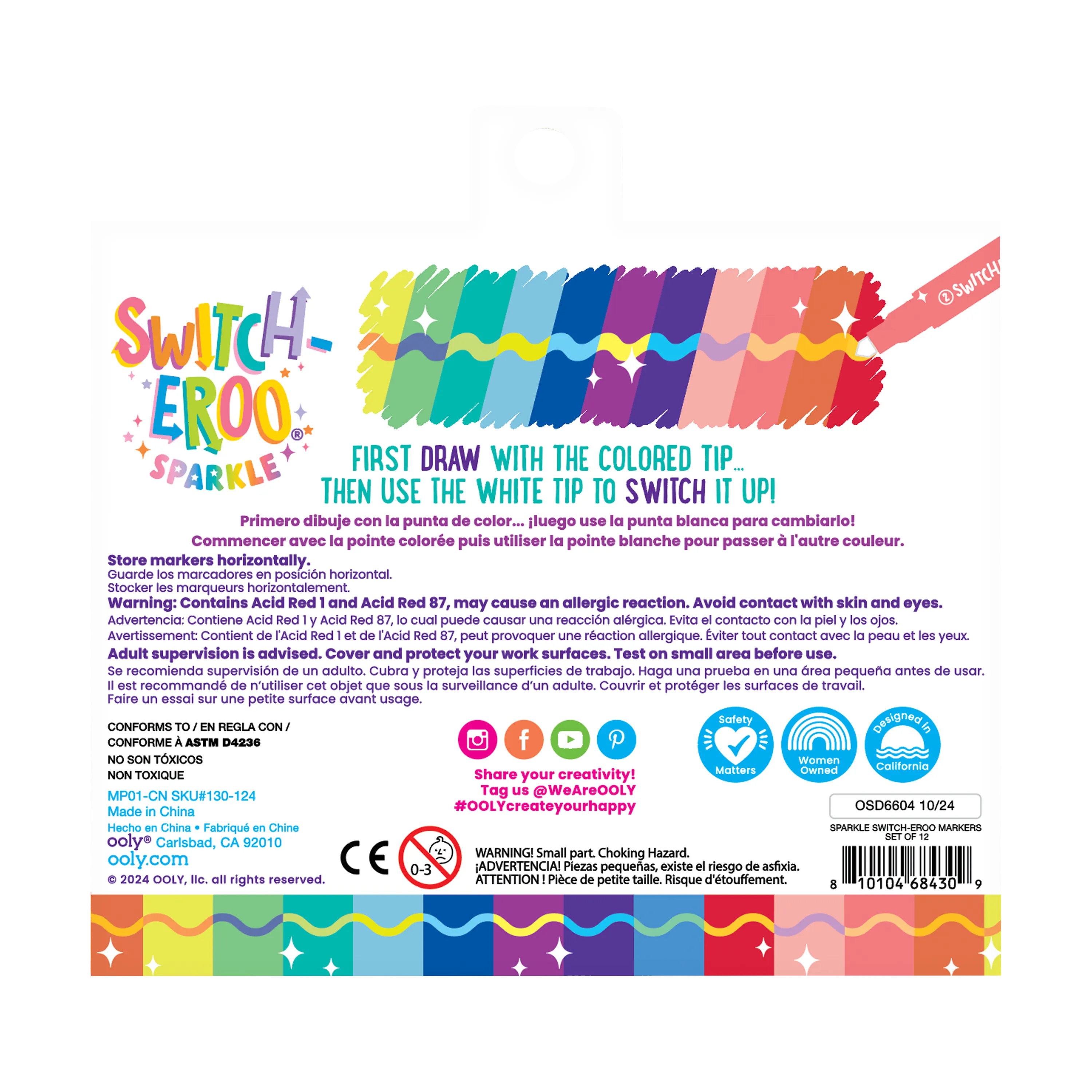 Back of packaging of set of OOLY Switch-Eroo Sparkle Glittery Color Changing Markers