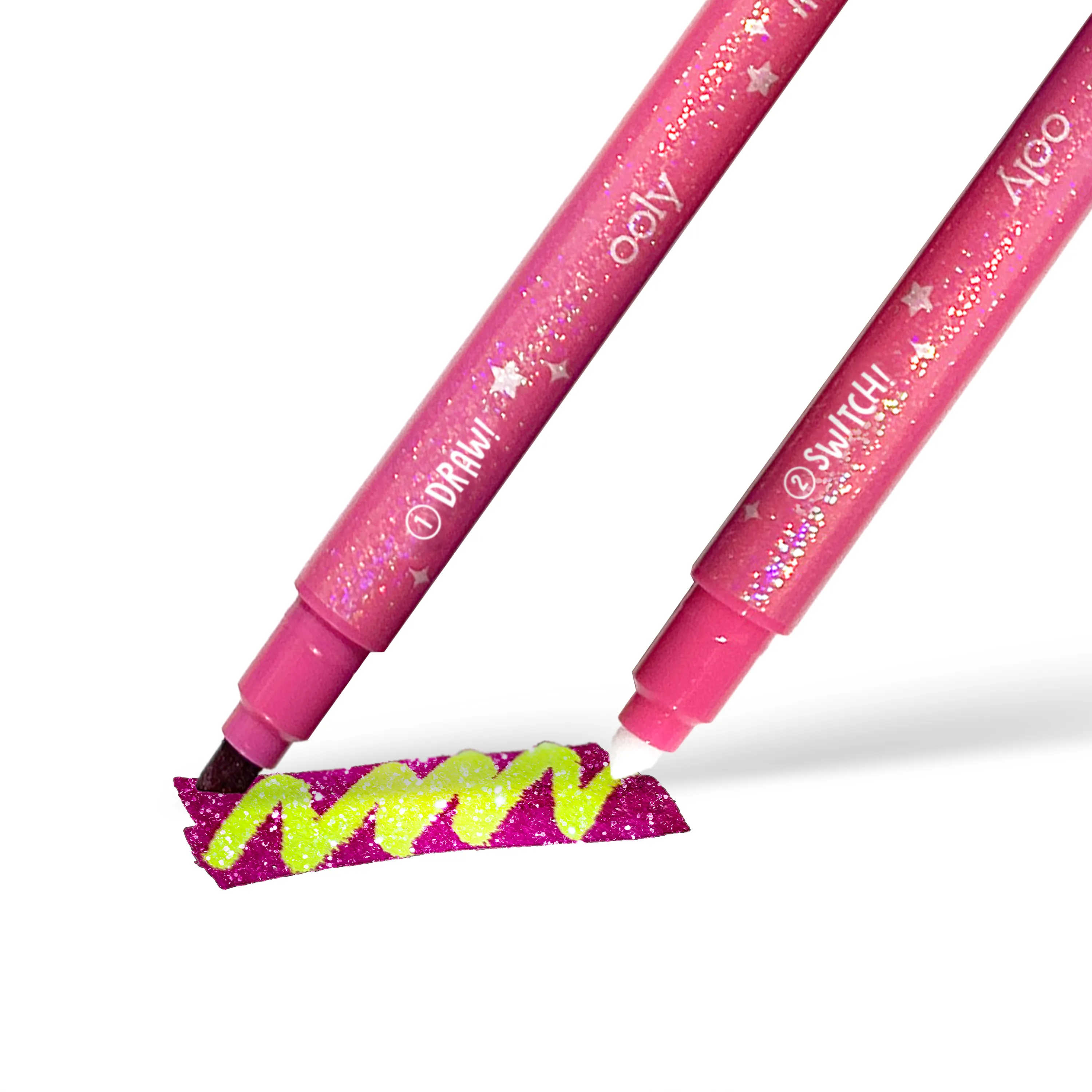 Glitter hot pink swatch changing to lime green from OOLY Switch-Eroo Sparkle Glittery Color Changing Markers