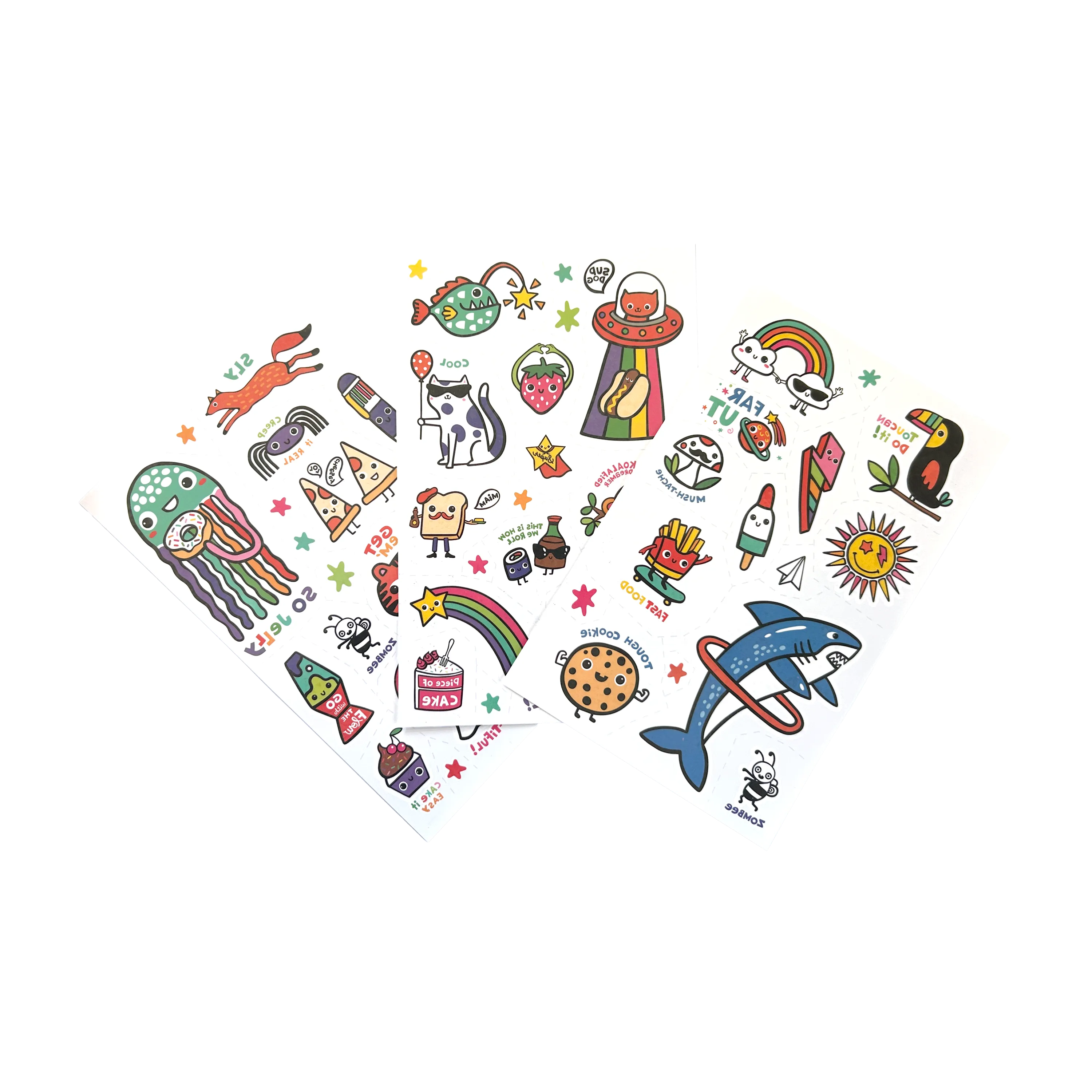 Three sheets from the OOLY Tattoo-Palooza Glow in the Dark Temporary Tattoos - Bright & Funny fanned out