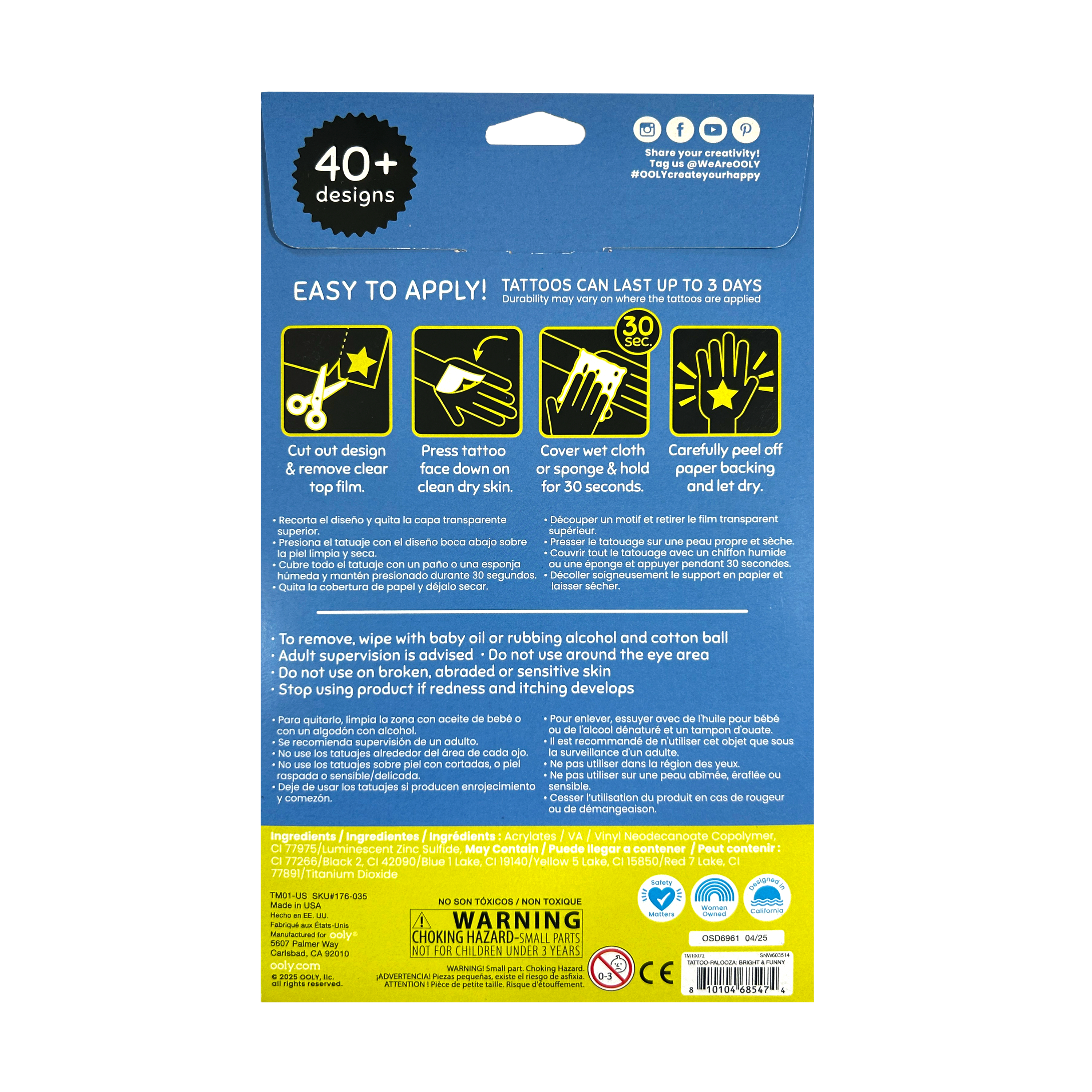 Back of packaging of OOLY Tattoo-Palooza Glow in the Dark Temporary Tattoos - Bright & Funny
