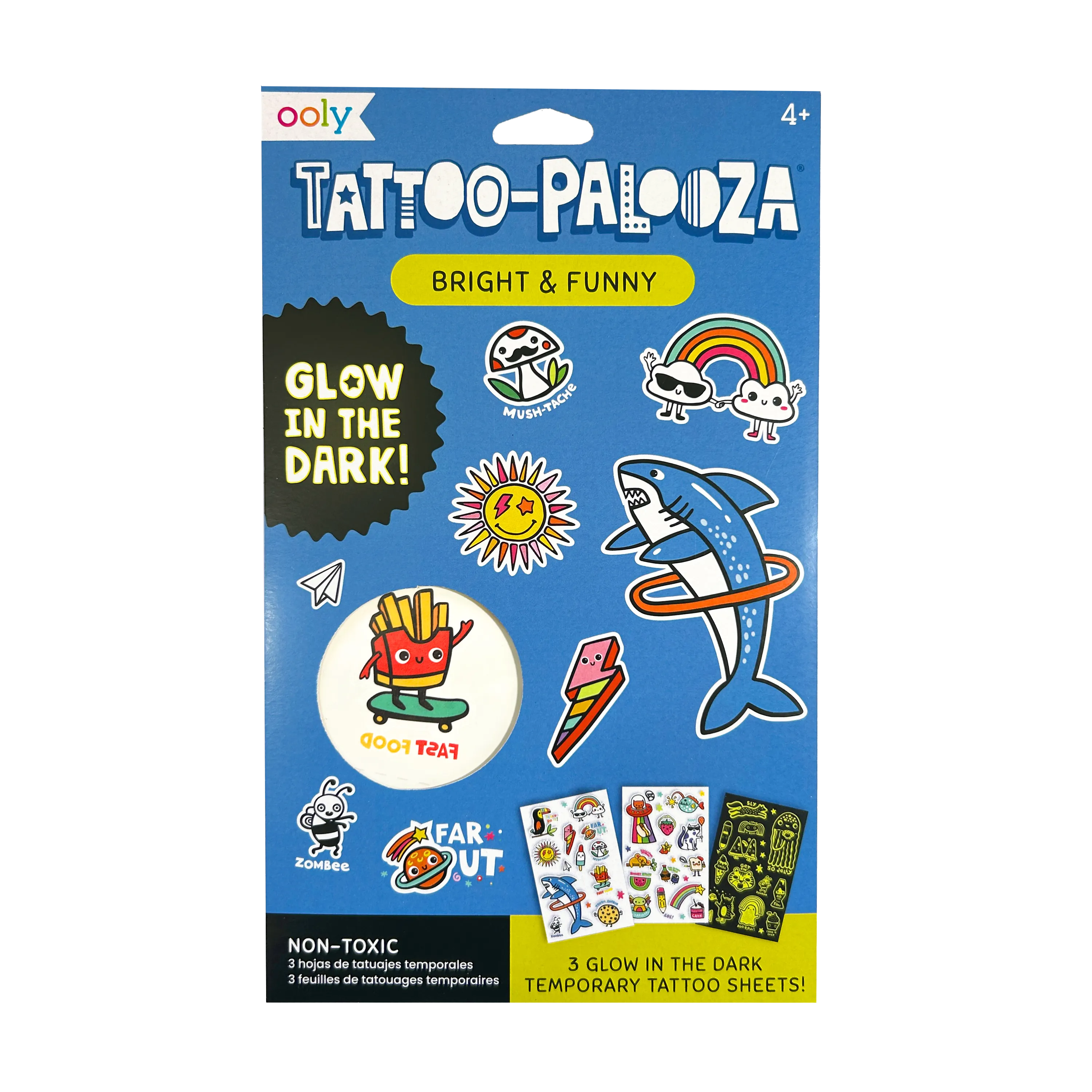 Front packaging of OOLY Tattoo-Palooza Glow in the Dark Temporary Tattoos - Bright & Funny
