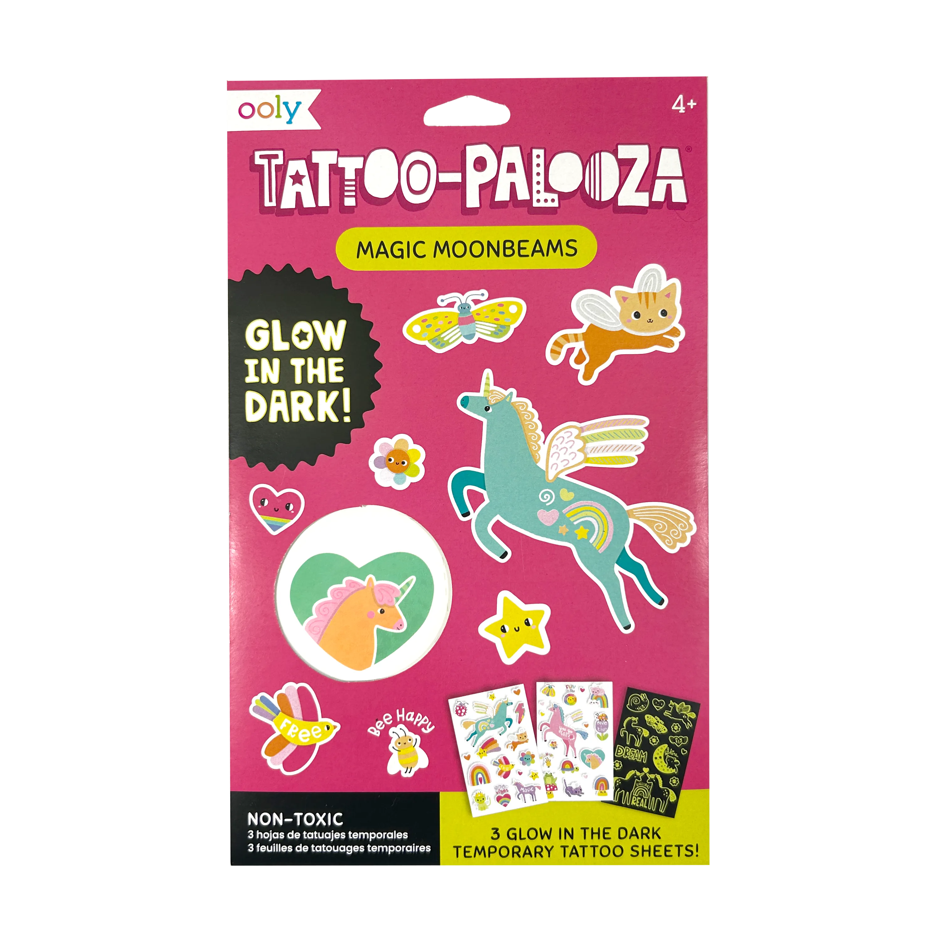Front packaging of OOLY Tattoo-Palooza Glow in the Dark Temporary Tattoos - Magic Moonbeams