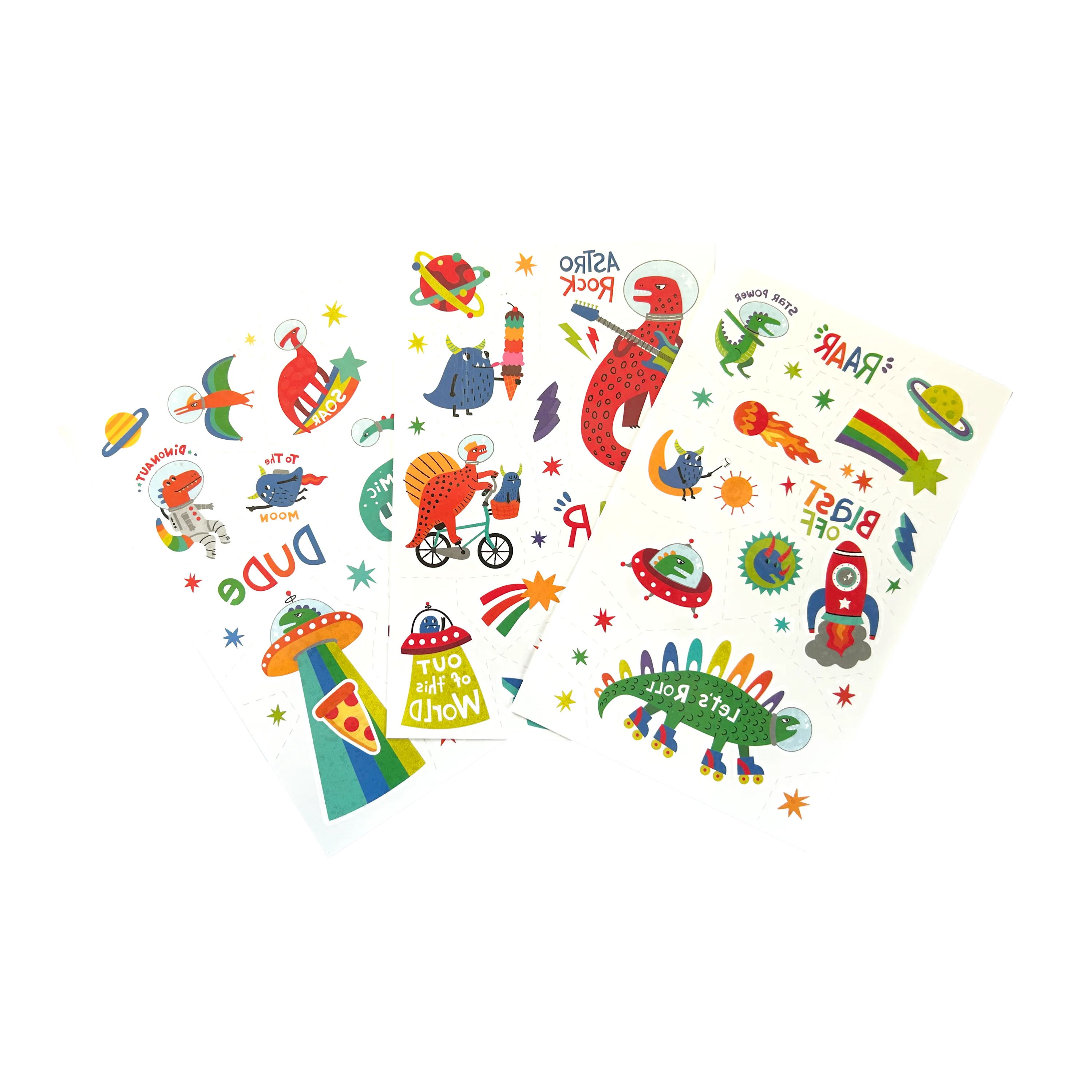 Three sheets fanned out of OOLY Tattoo-Palooza Glow in the Dark Temporary Tattoos - Zero Gravity Dinos