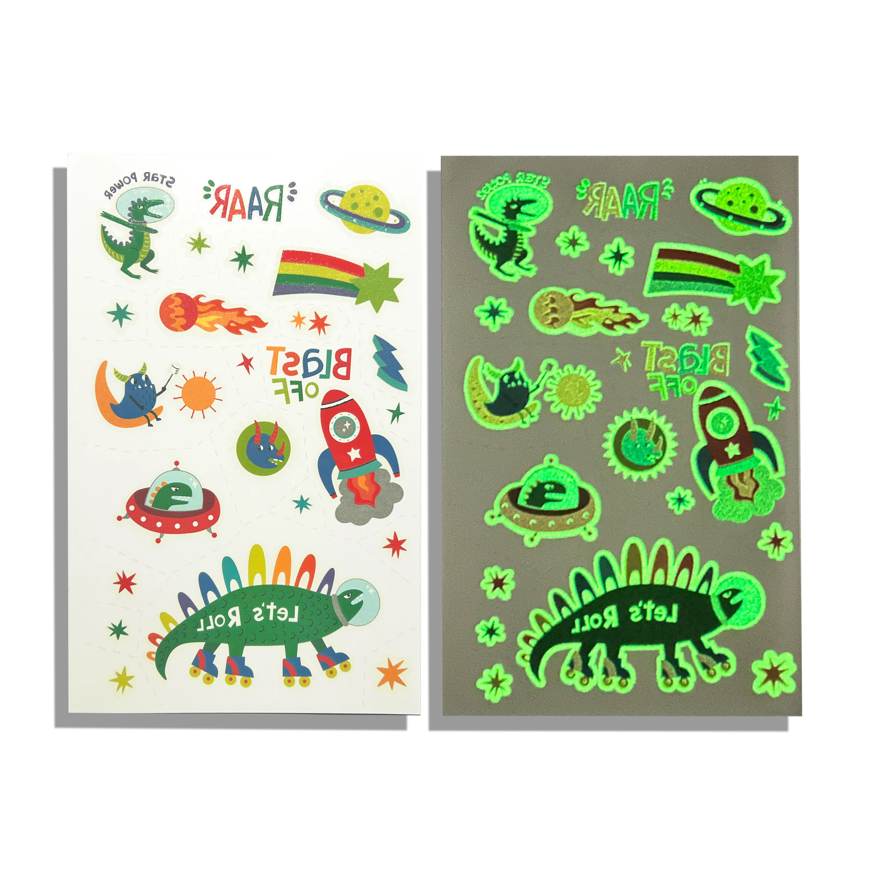 Comparative side by side image of OOLY Tattoo-Palooza Glow in the Dark Temporary Tattoos - Zero Gravity Dinos sheet in regular light and glow in the dark