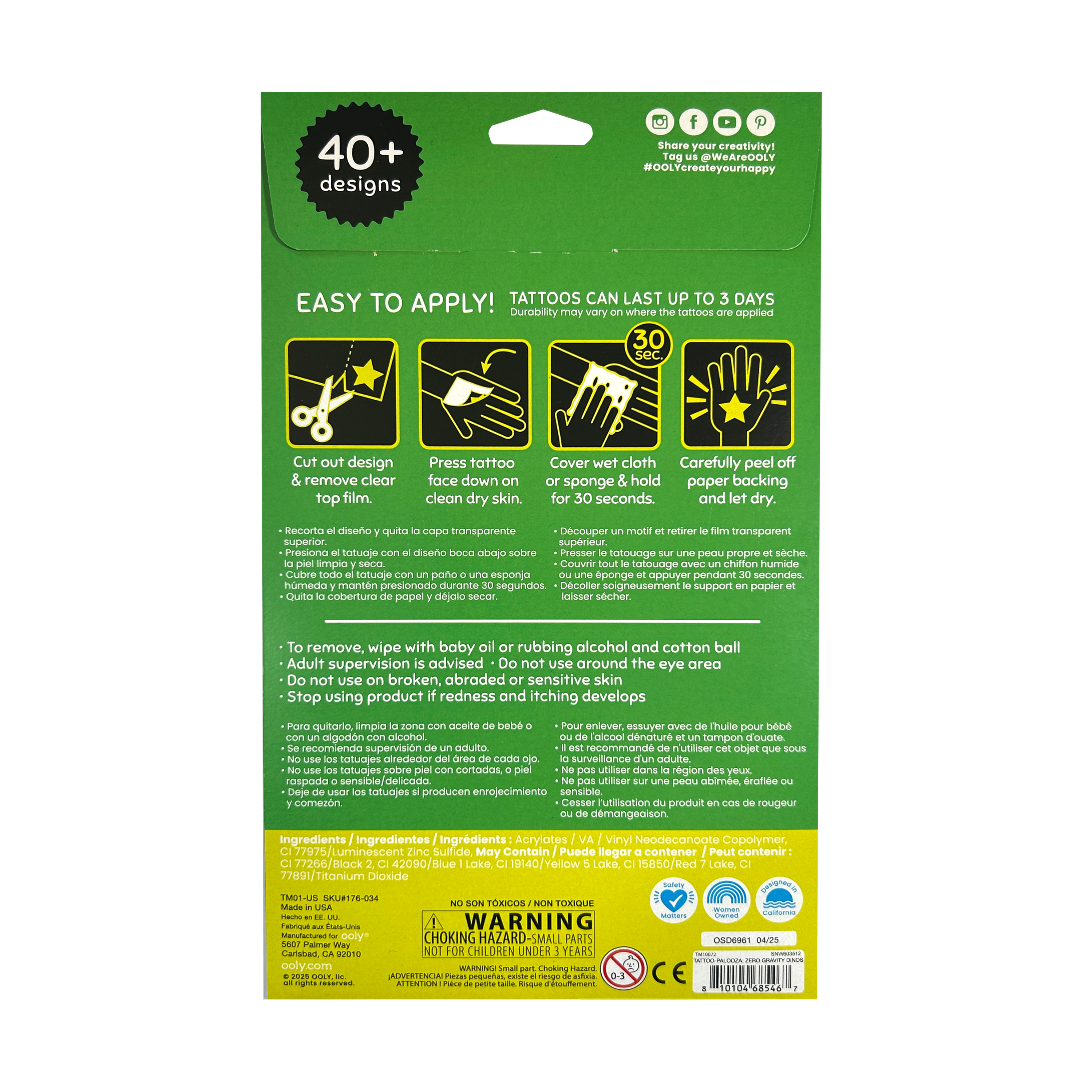 Back of packaging of OOLY Tattoo-Palooza Glow in the Dark Temporary Tattoos - Zero Gravity Dinos