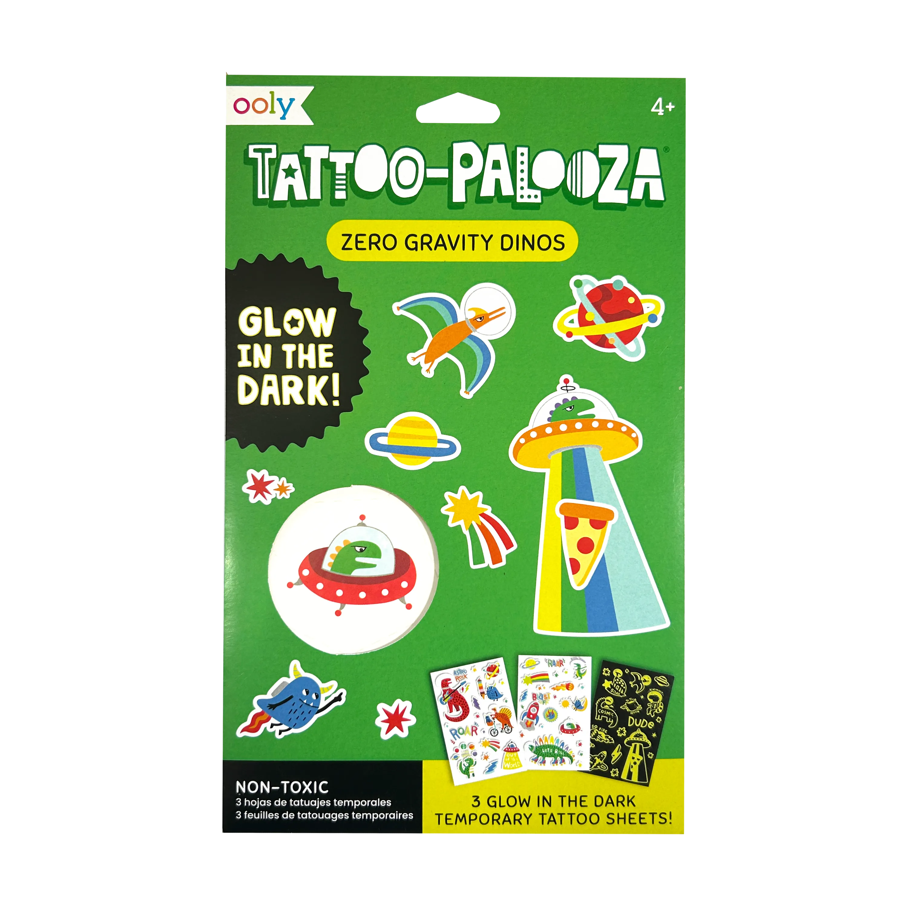 Front of packaging of OOLY Tattoo-Palooza Glow in the Dark Temporary Tattoos - Zero Gravity Dinos