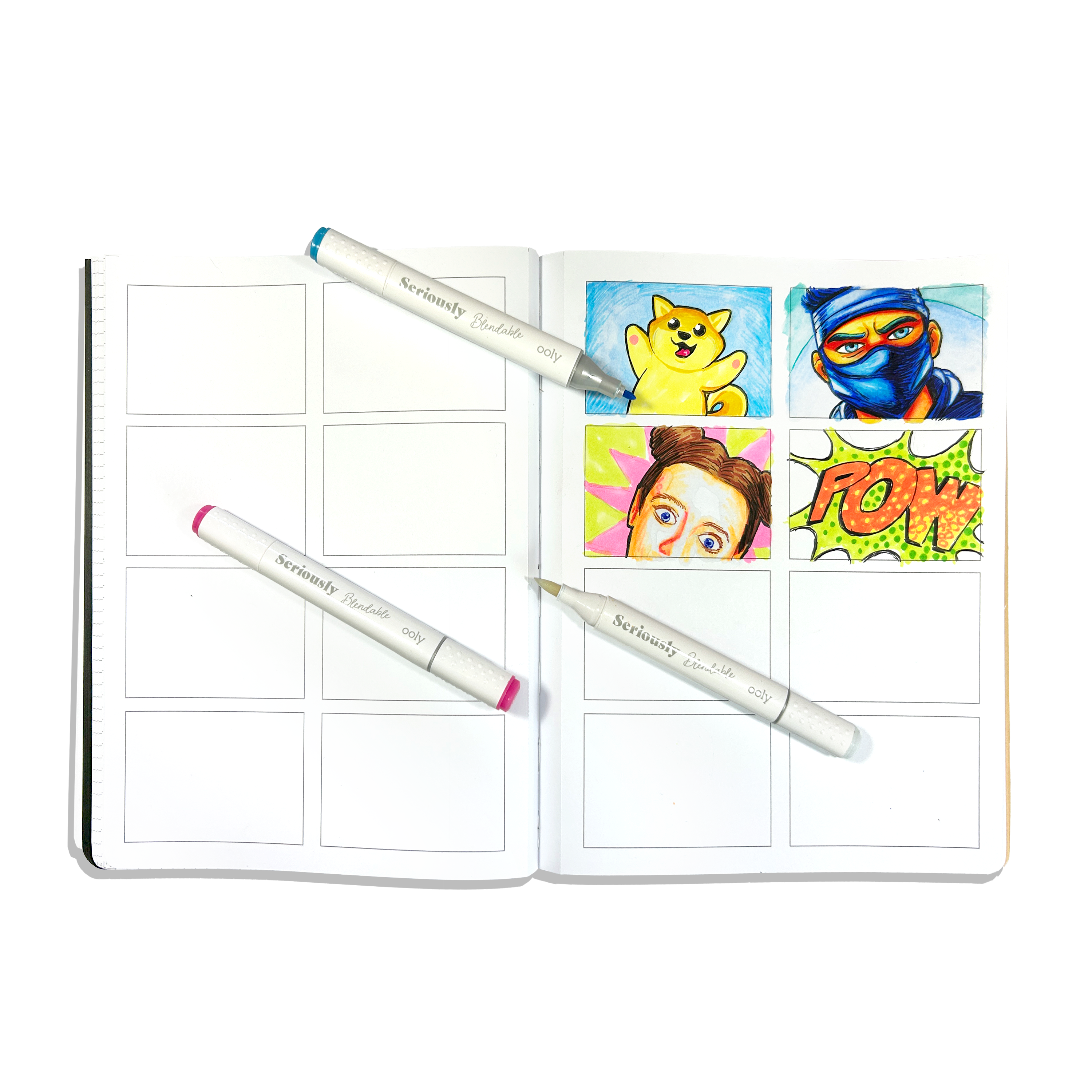 Colored images on comic template paper pages in an opened OOLY's The Paper Works Sketchbook on a white background