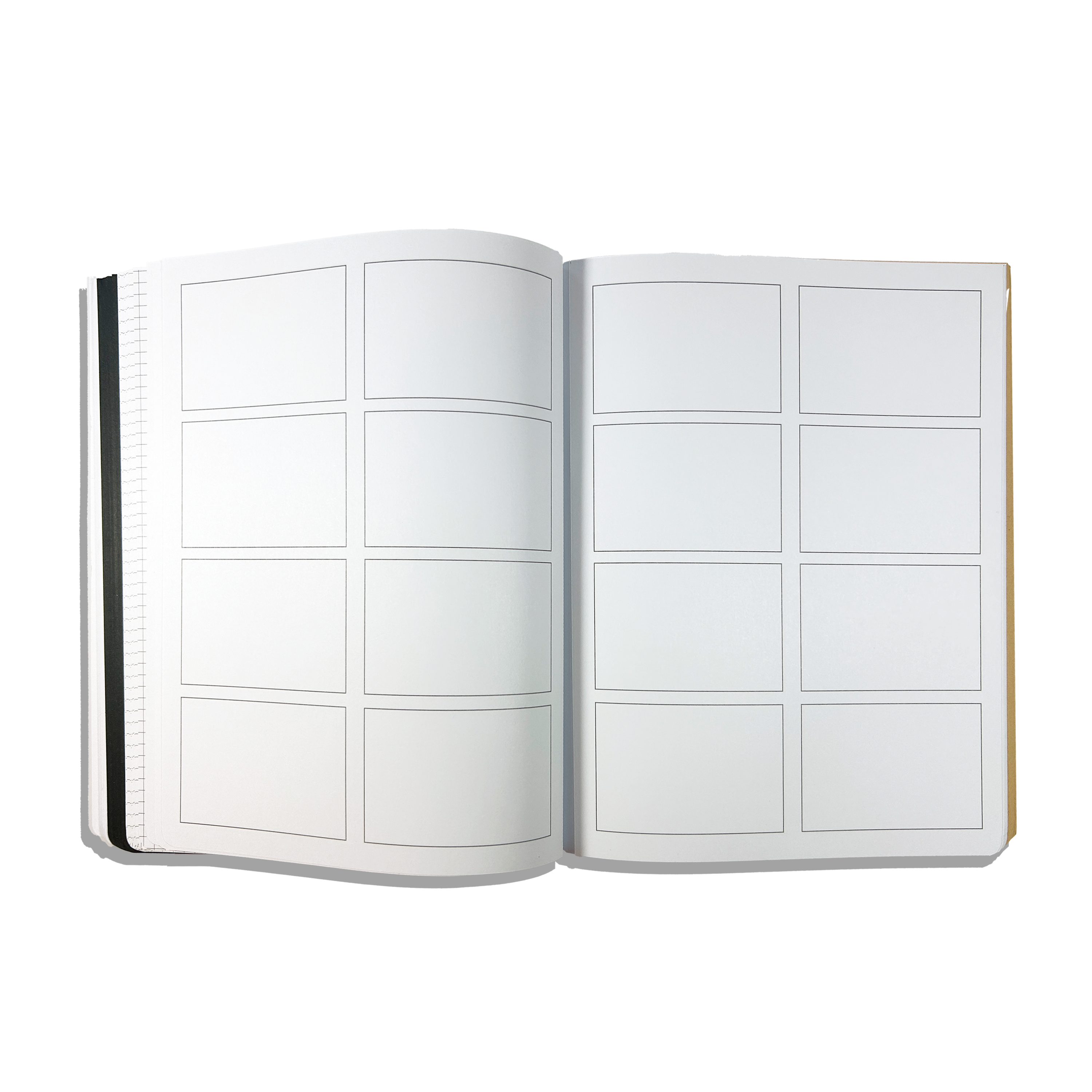 Comic template paper pages in an opened OOLY's The Paper Works Sketchbook on a white background