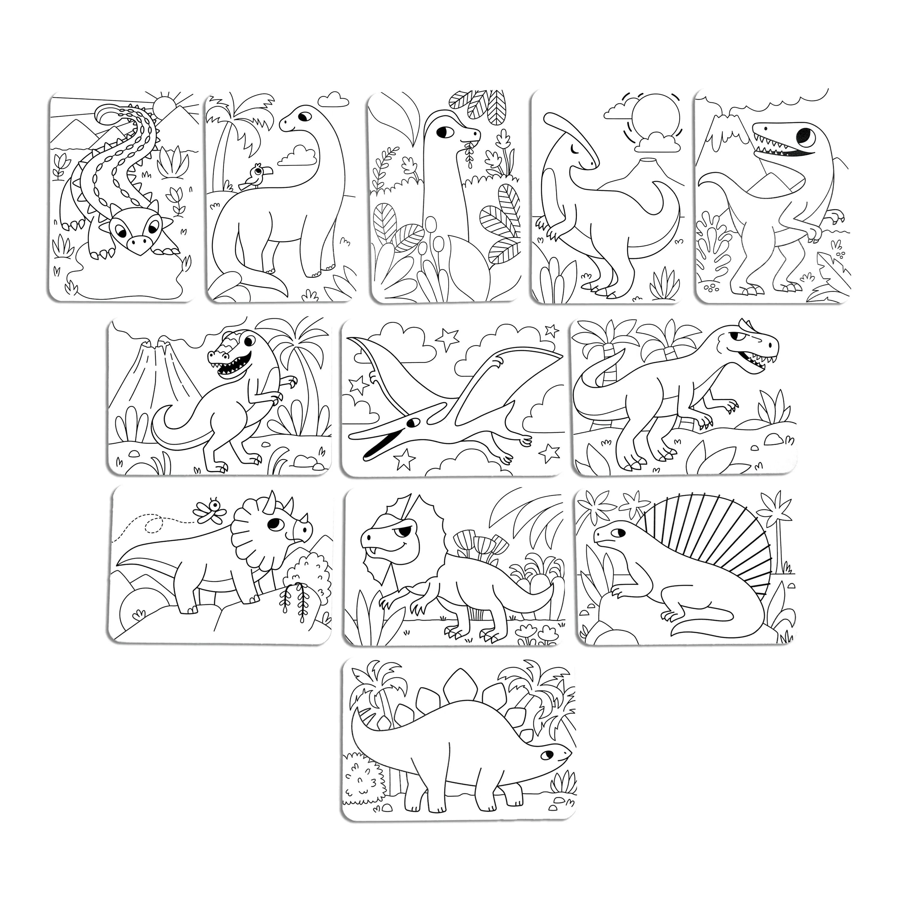 Uncolored coloring cards from OOLY Undercover Art Hidden Pattern Coloring Activity Art Cards - Dino Tales