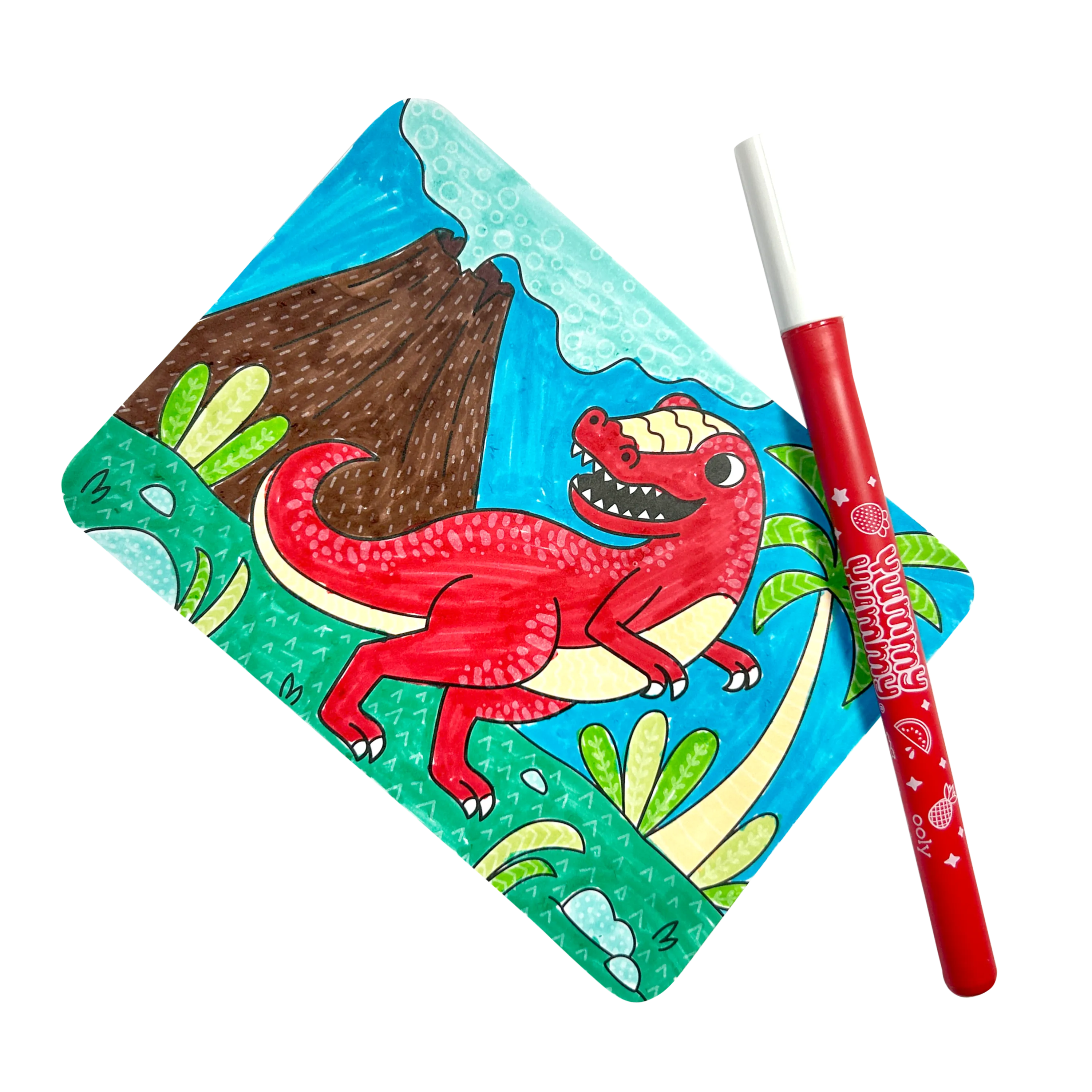 Open and colored OOLY Undercover Art Hidden Pattern Coloring Activity Art Cards - Dino Tales