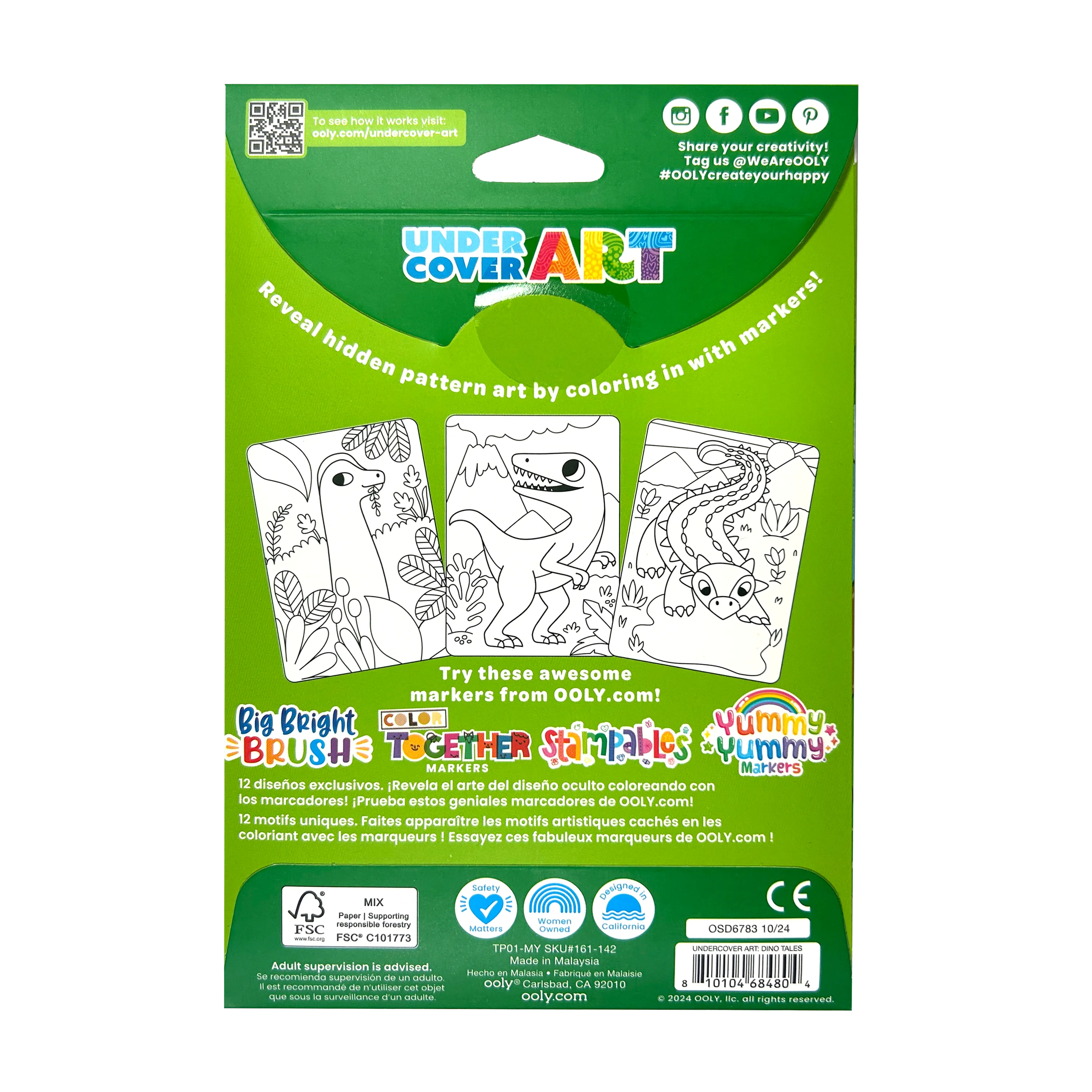 Back of packaging of OOLY Undercover Art Hidden Pattern Coloring Activity Art Cards - Dino Tales
