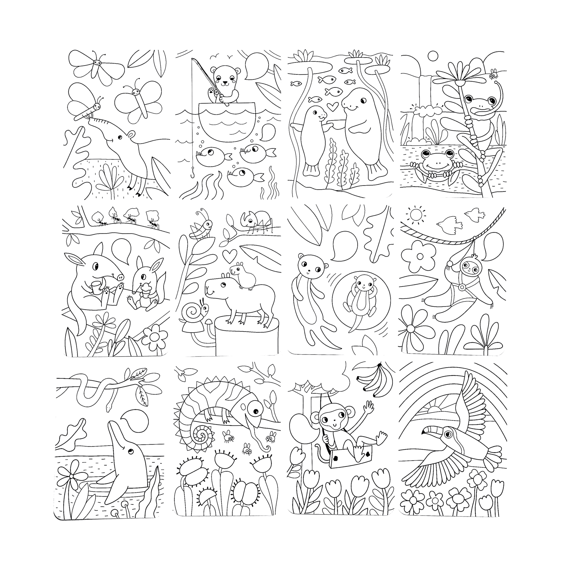 All cards from OOLY Undercover Art Hidden Pattern Coloring Activity Art Cards - Rainforest Fun on white background
