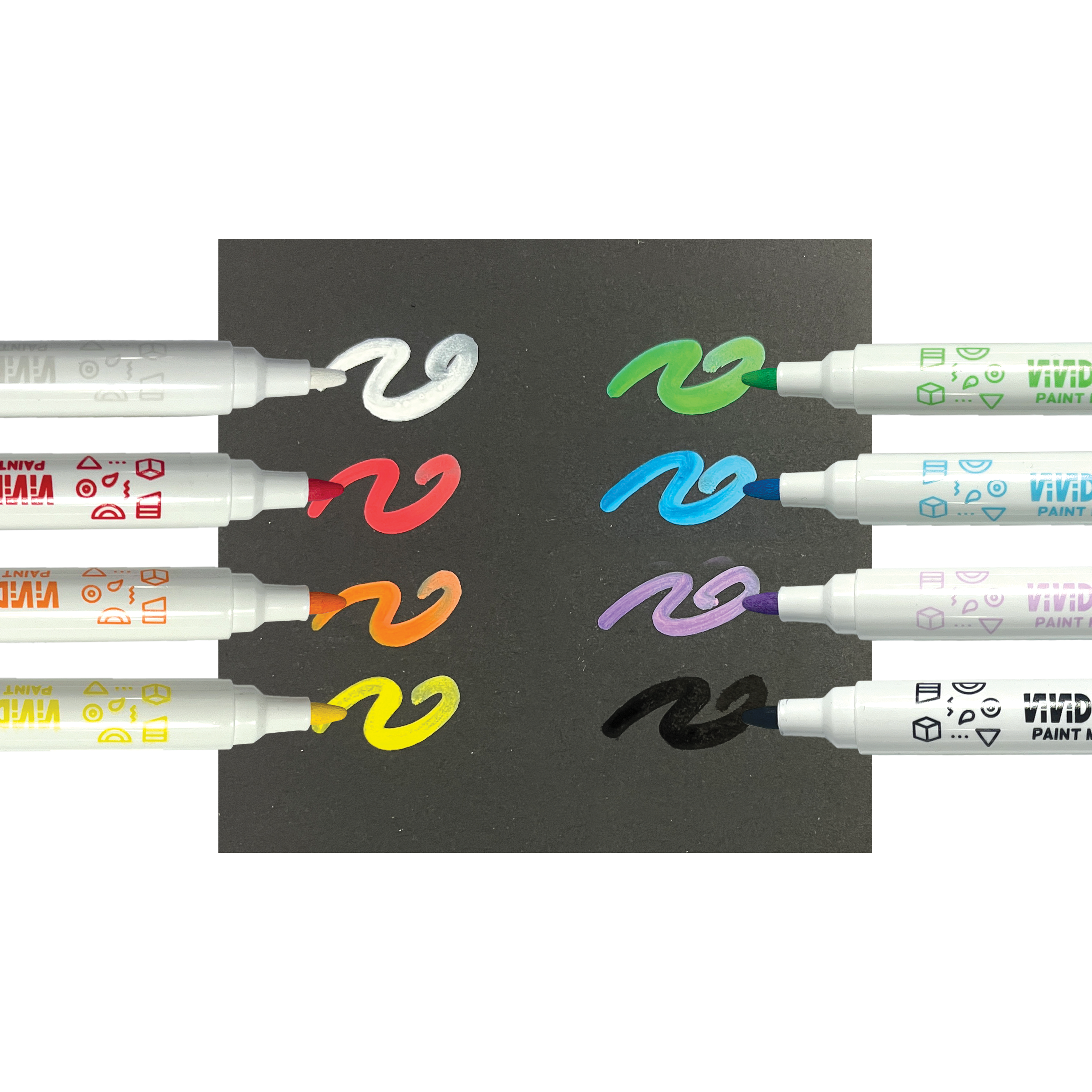 Row of markers with swatches on black paper from the OOLY Vivid Pop! Acrylic Paint Markers