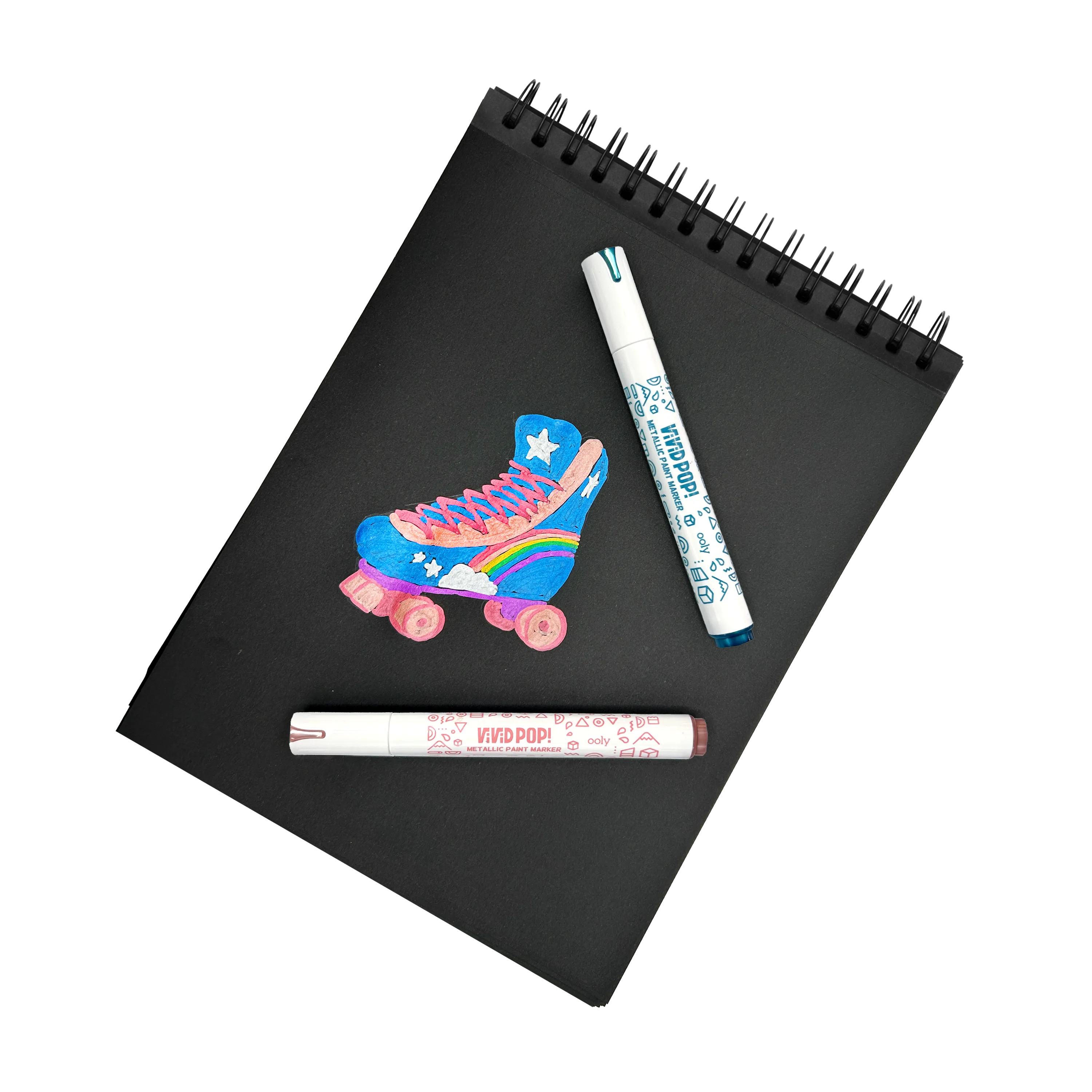 Roller skate colored with OOLY Vivid Pop metallic marker son black paper pad
