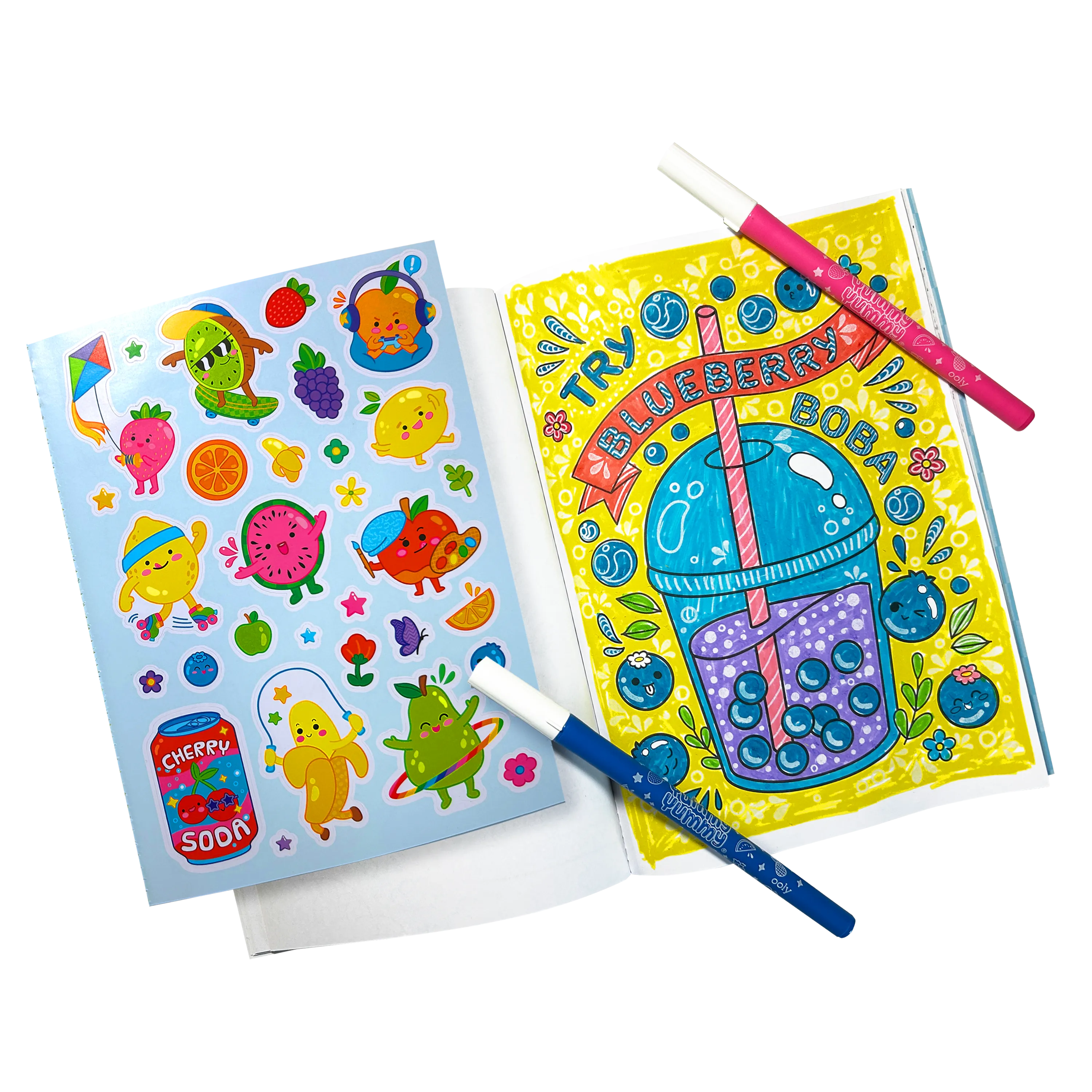 Open coloring book and sticker sheet with to markers from OOLY Yummy Yummy Scented Coloring Kit - Markers Stickers Coloring Book