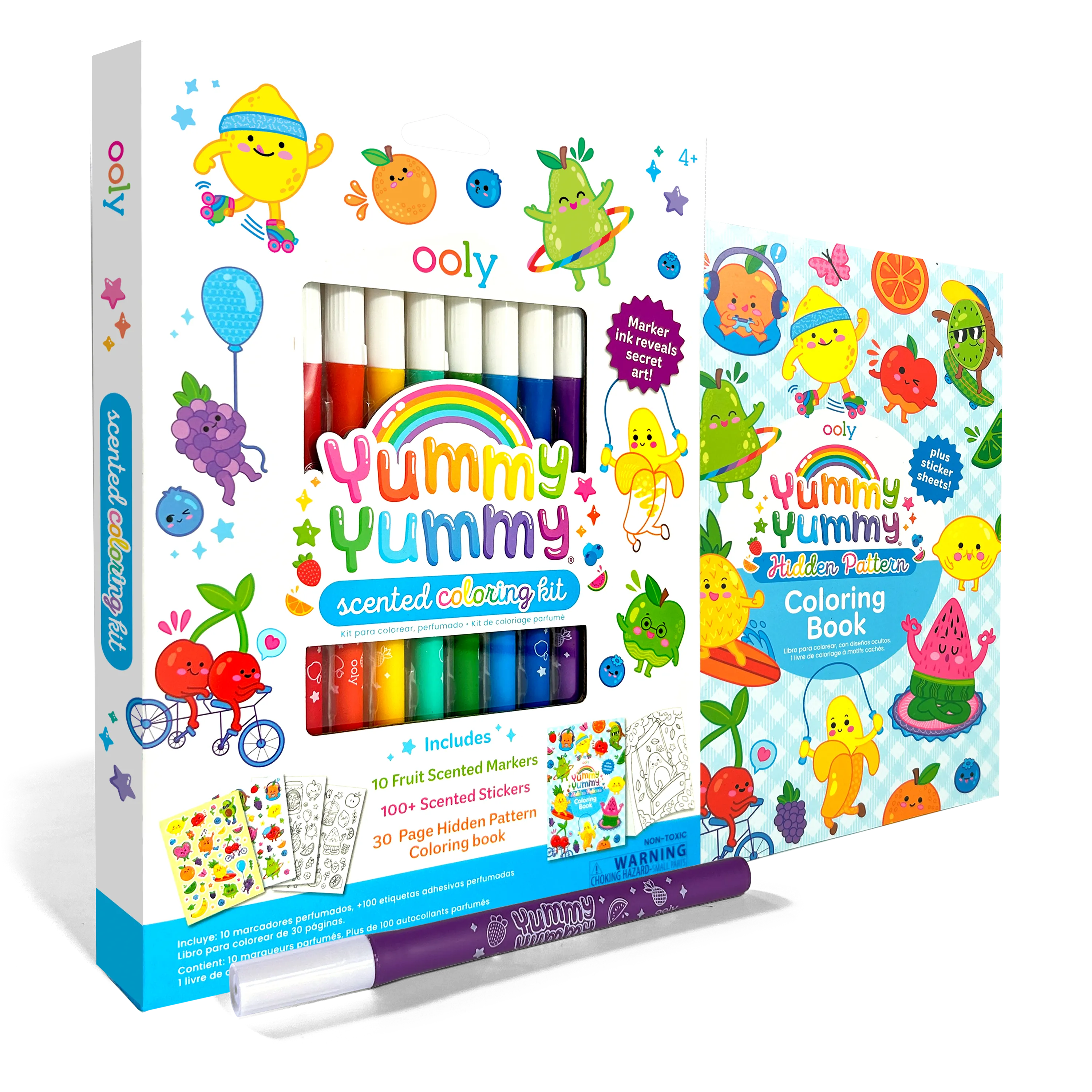 Quarter angle of packaging and book of OOLY Yummy Yummy Scented Coloring Kit - Markers Stickers Coloring Book