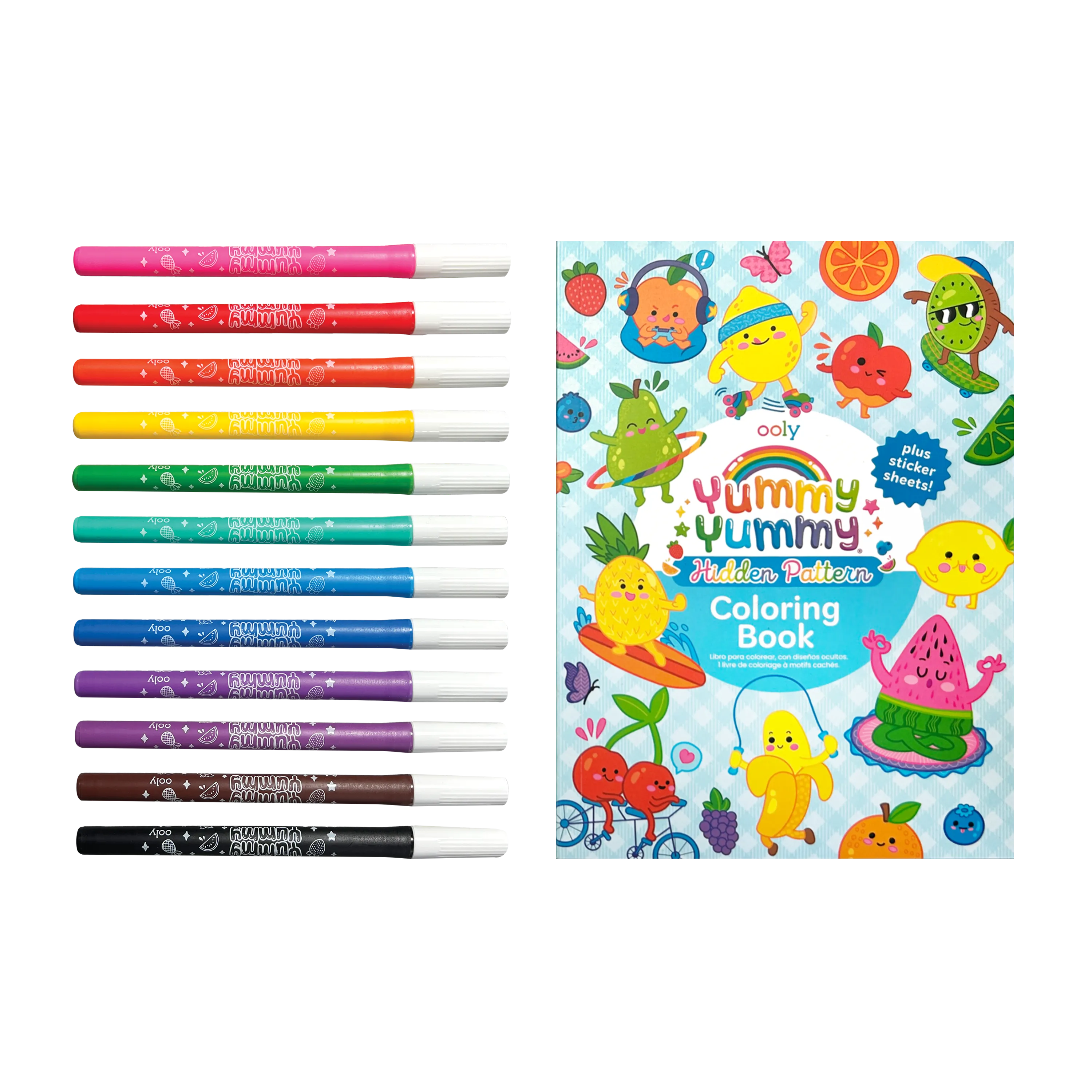 Row of markers and closed coloring book from OOLY Yummy Yummy Scented Coloring Kit - Markers Stickers Coloring Book