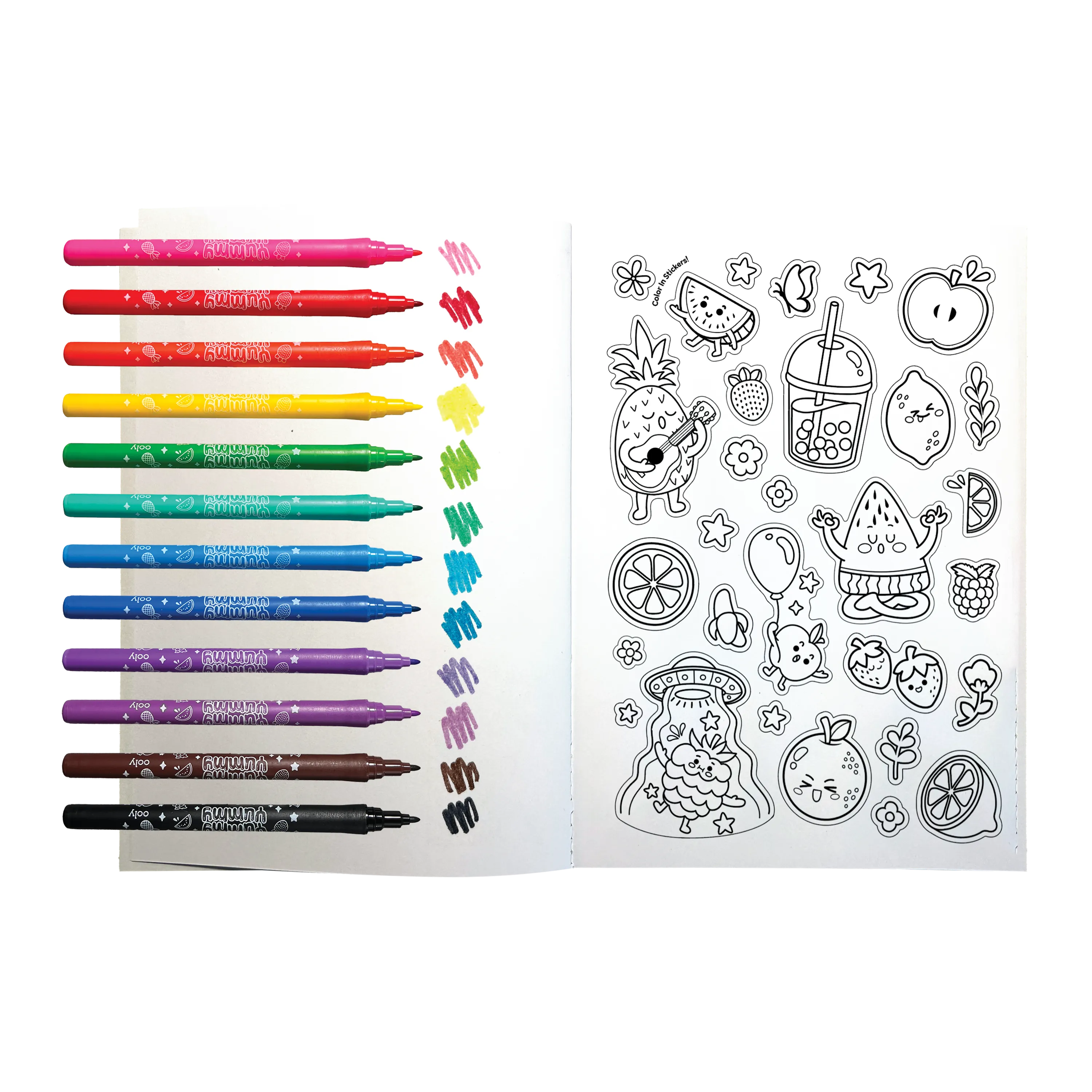 Row of markers with colored swatches and open book of coloring stickers from OOLY Yummy Yummy Scented Coloring Kit - Markers Stickers Coloring Book