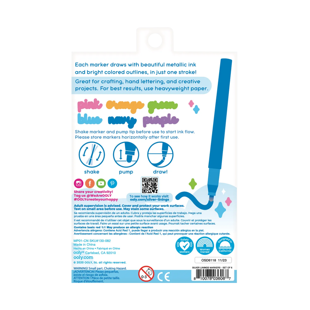 Back of packaging of Silver Linings Outline Markers