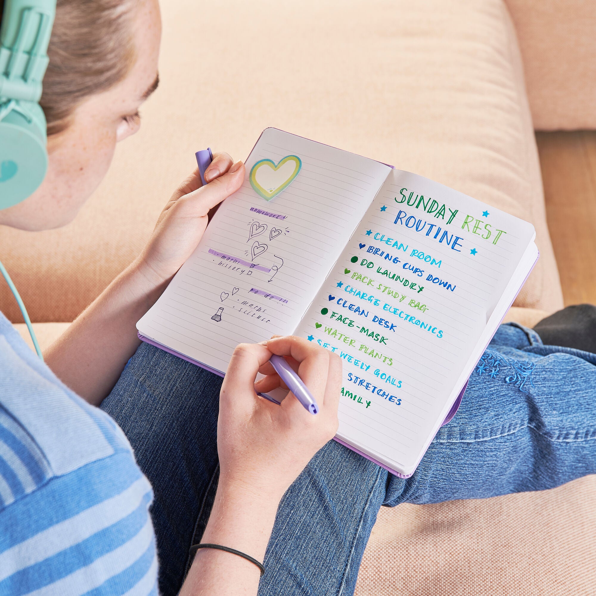 Girl with Sunday rest routine planner using OOLY Confetti Stamp Double-Ended Markers