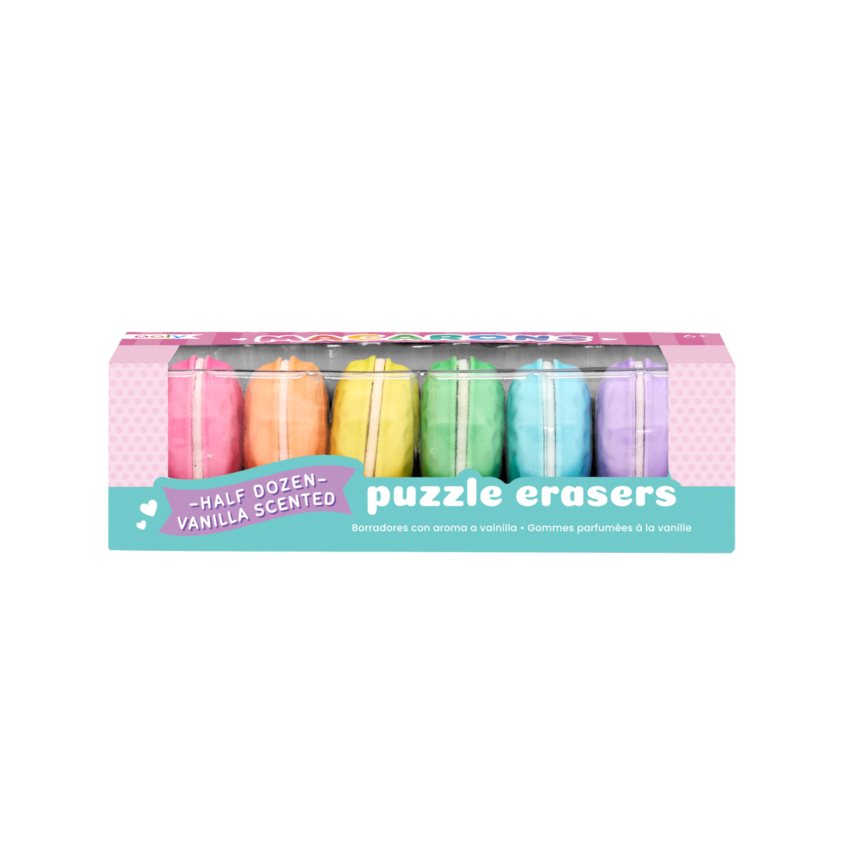 Front of box of Macarons scented puzzle erasers