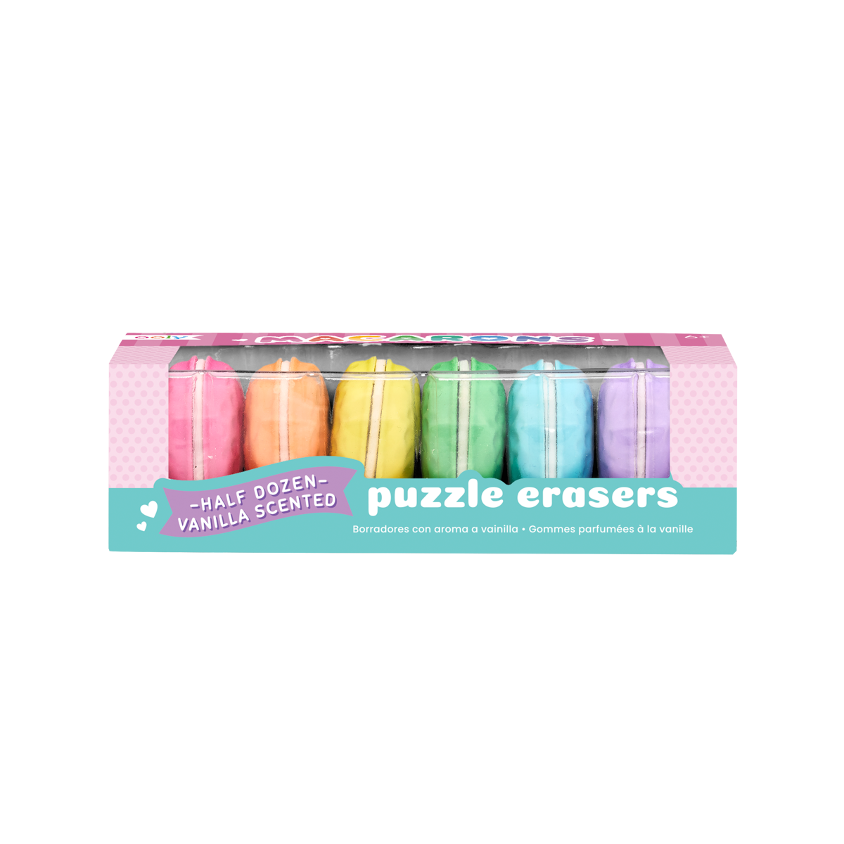 Front of box of Macarons scented puzzle erasers