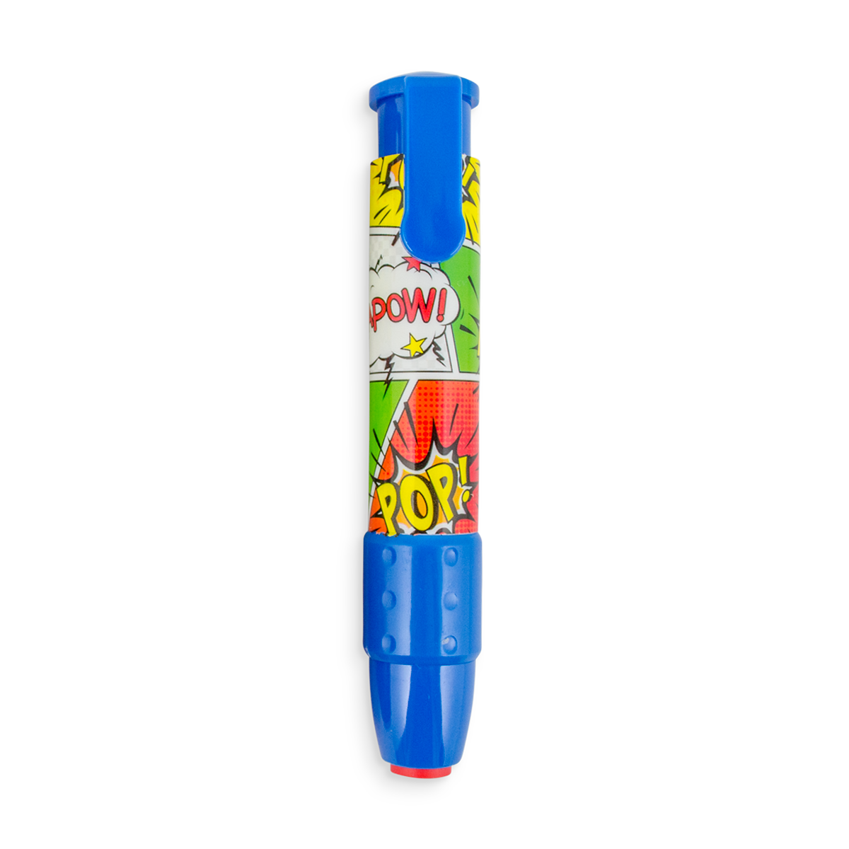 Blue Comic Attack ClickIt pencil eraser with comic designs