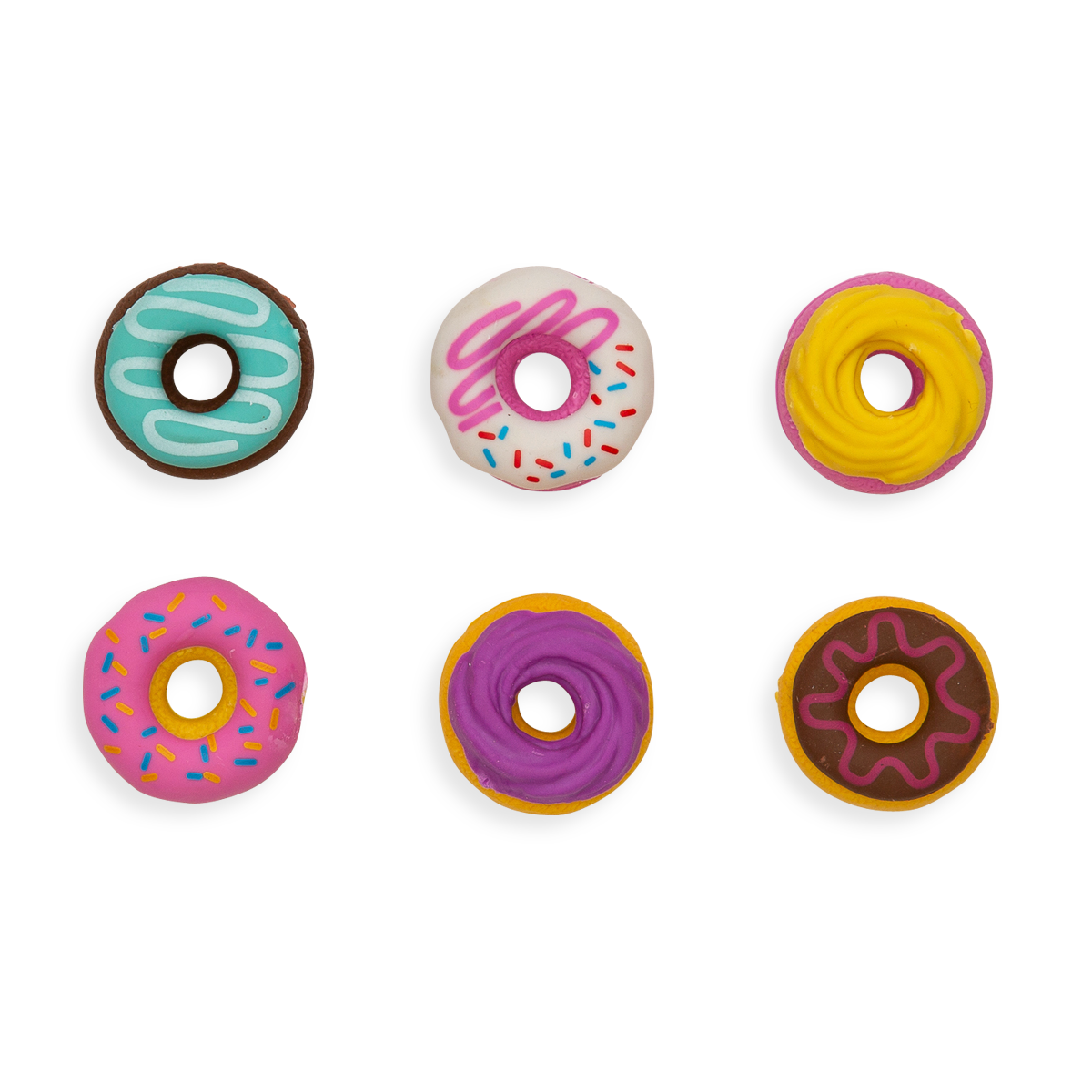 Display of all 6 Dainty Donut pencil erasers