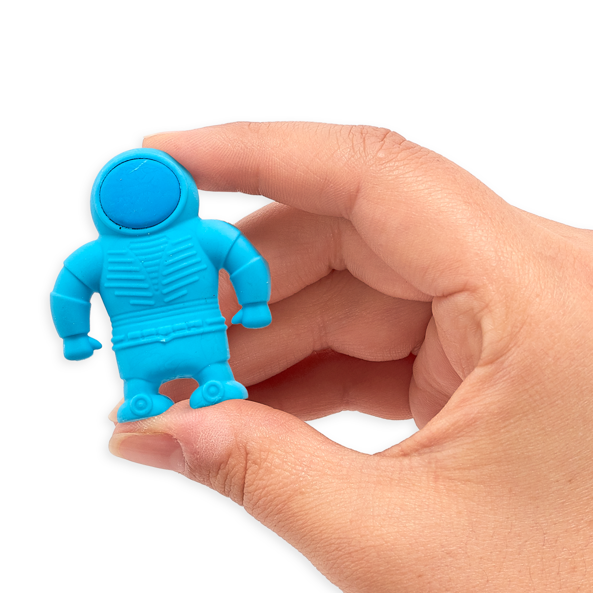 Hand holding up blue astronaut eraser