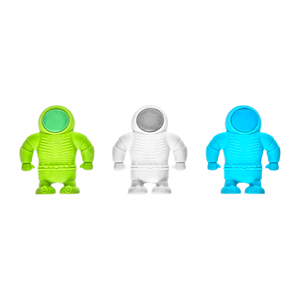 3 different colors of Astronaut Erasers shown standing together