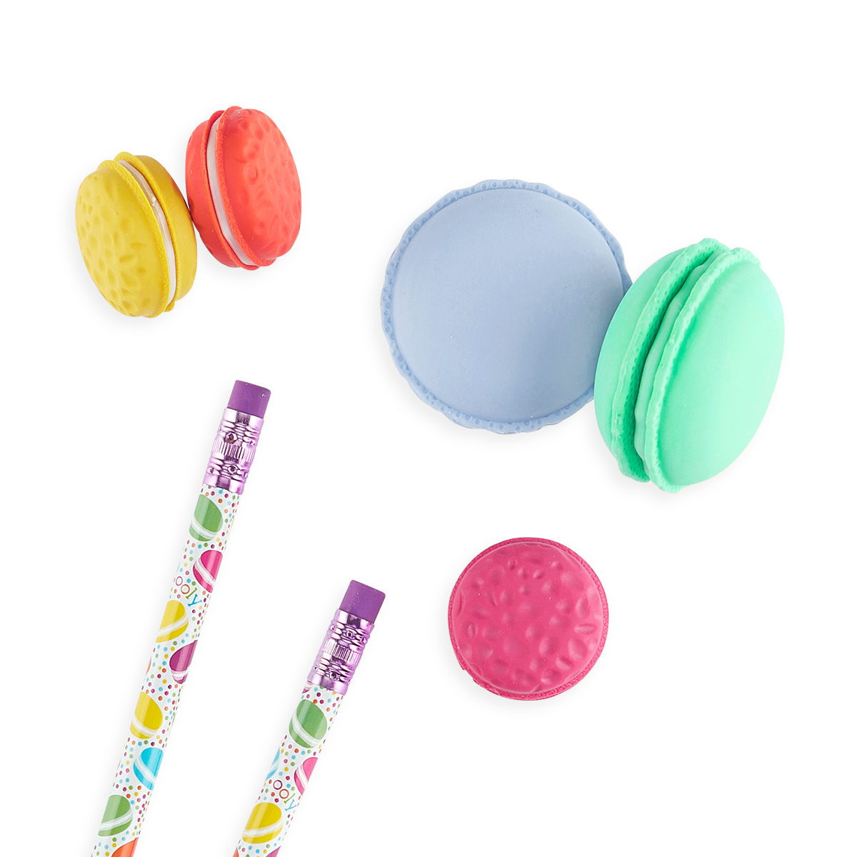 Le Macaron Patisserie Scented Erasers mixed with sweet treat pencils.