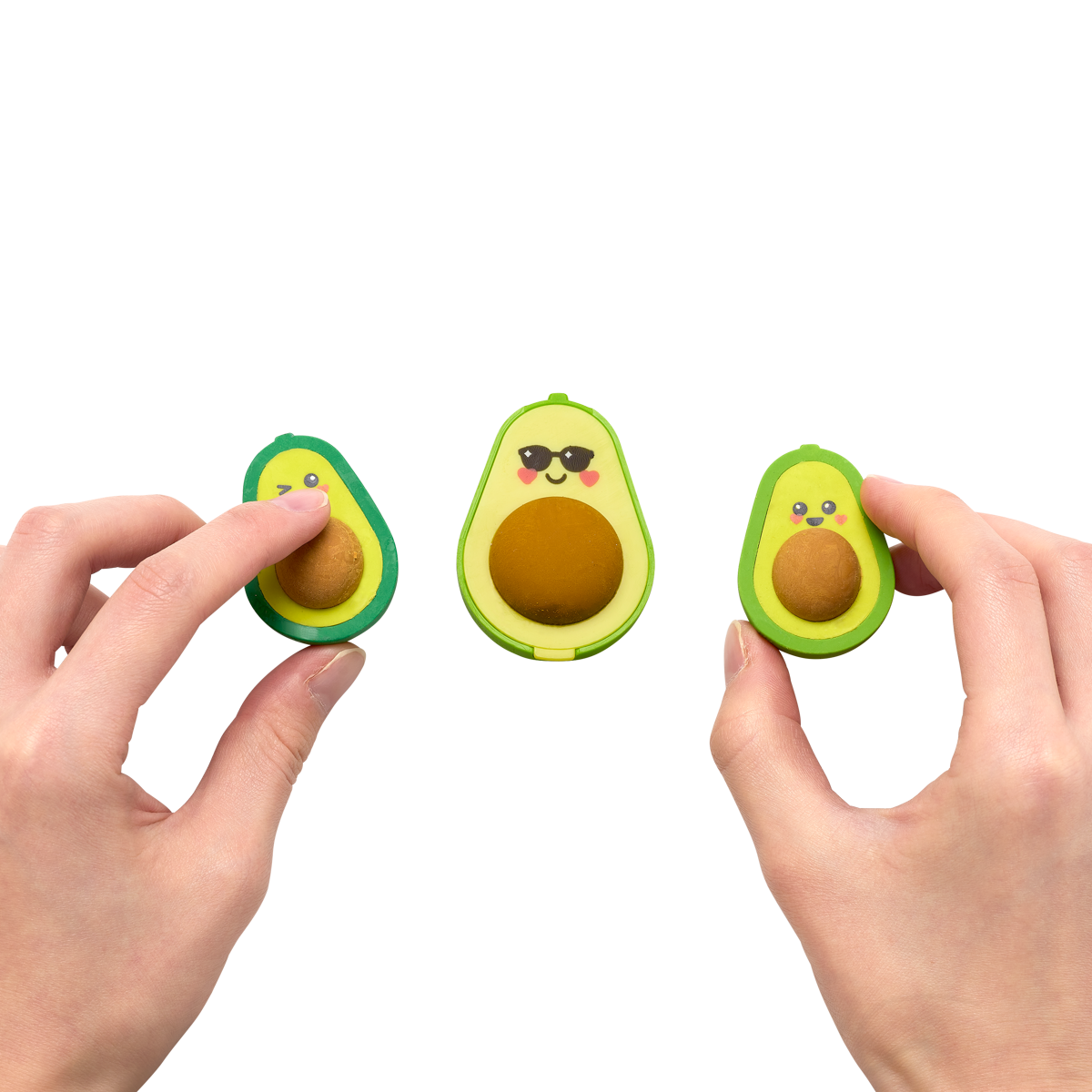 OOLY Avocado Love Eraser and Sharpener - set of 3 in hands