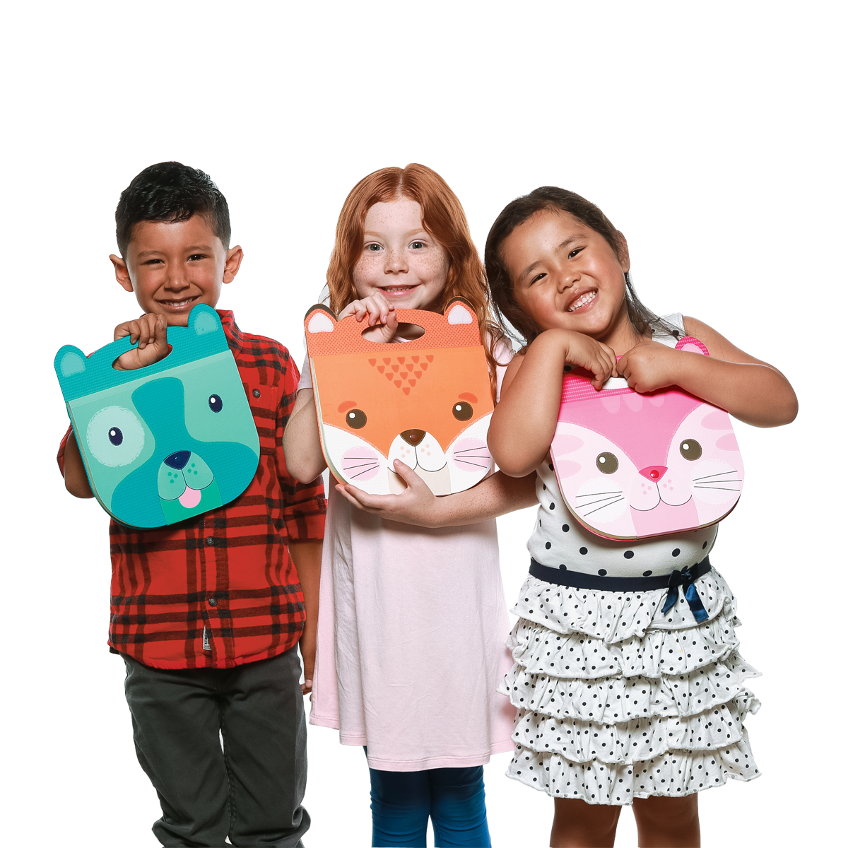 Kids holding dog, fox and cat carry along sketchbooks