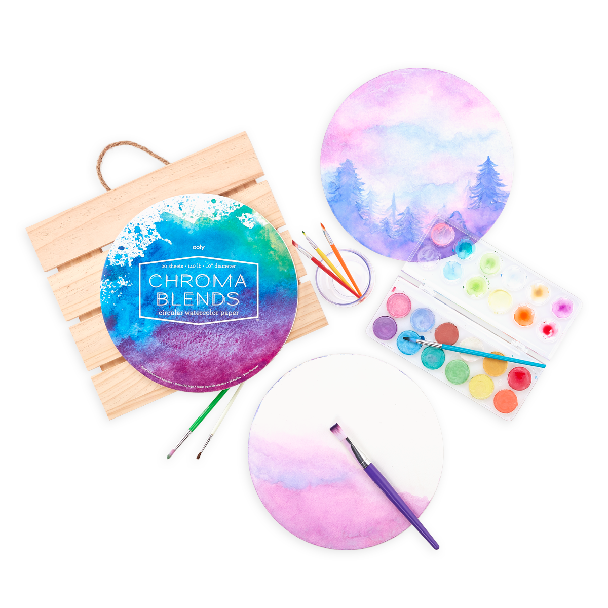 Chroma Blends Circular Watercolor Paper with watercolor tools including paint brushes and paint set