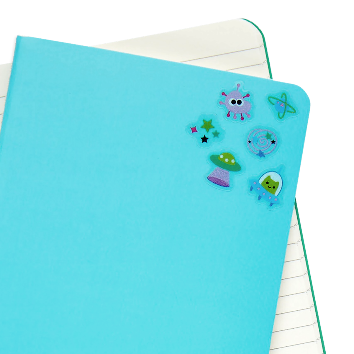 Stickiville Space Buddies stickers on notebook