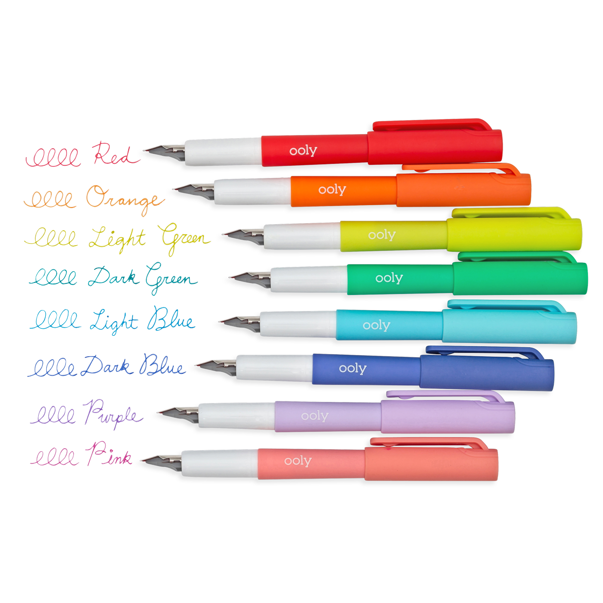 Color Write Fountain Pens set of 8 showing color swatches of their colors