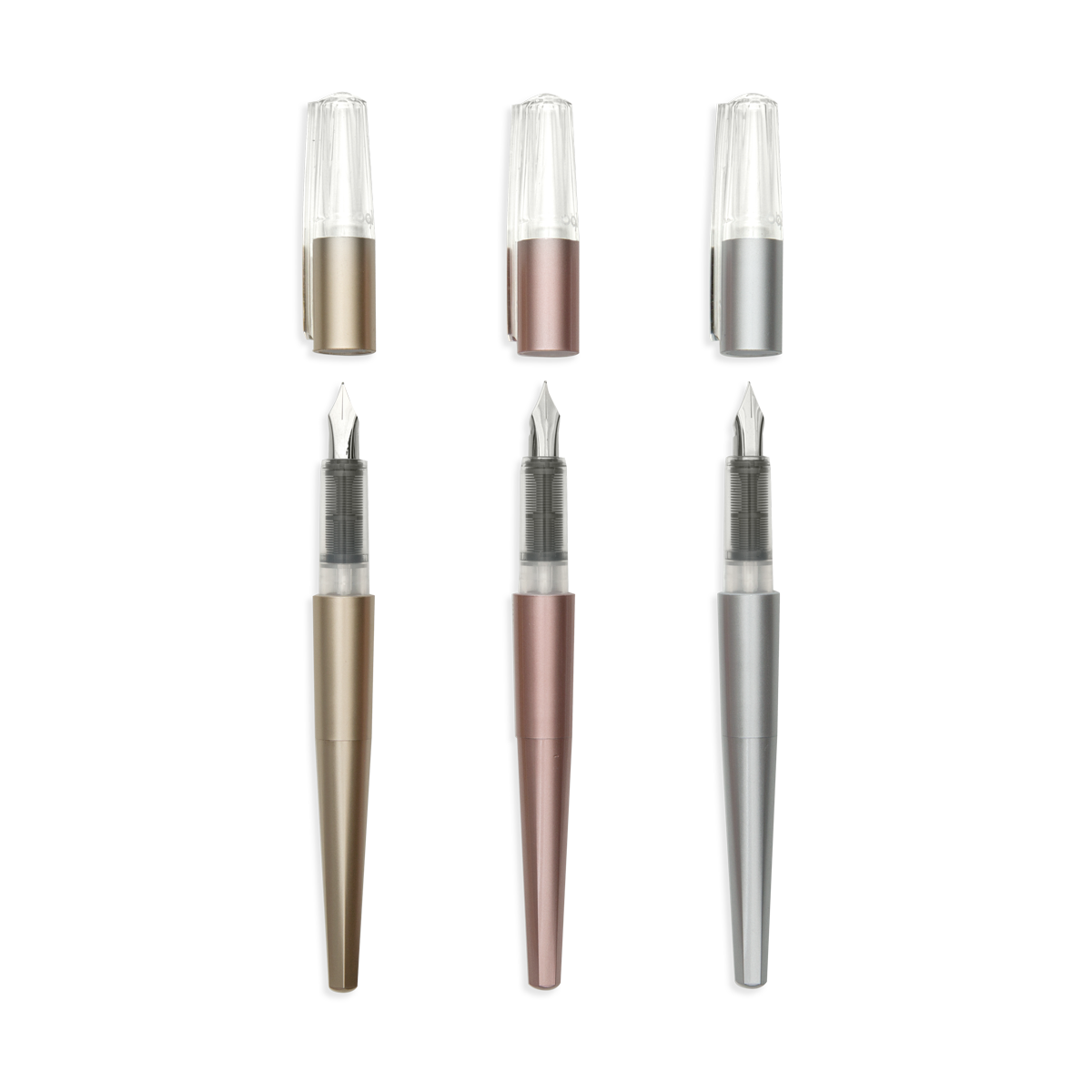 3 Modern Script Fountain Pens with caps removed