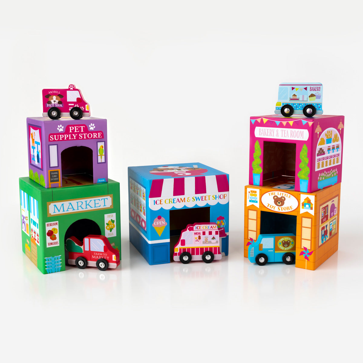 OOLY Stackables Nested Cardboard Toys and Cars Set - Rainbow Town in use