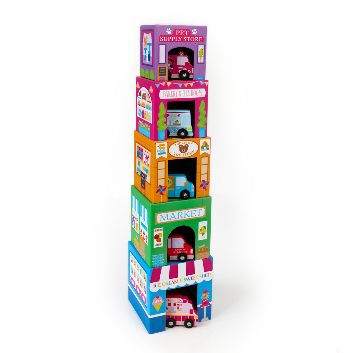 OOLY Stackables Nested Cardboard Toys and Cars Set - Rainbow Town stacked