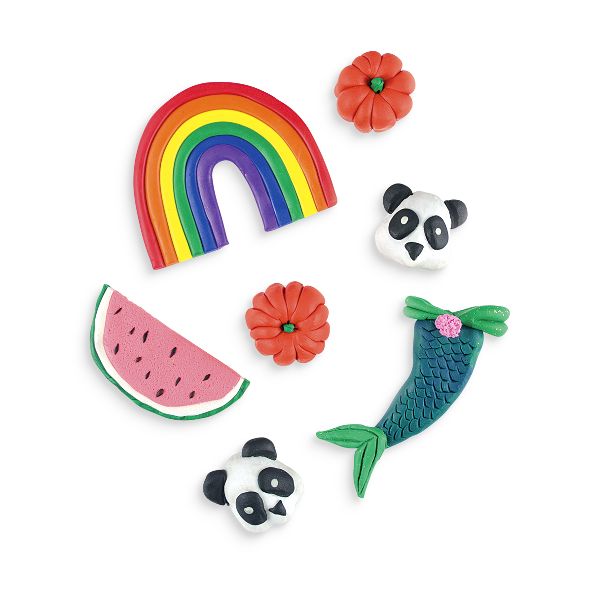 Panda, rainbow, flower erasers made with Creatibles DIY eraser clay